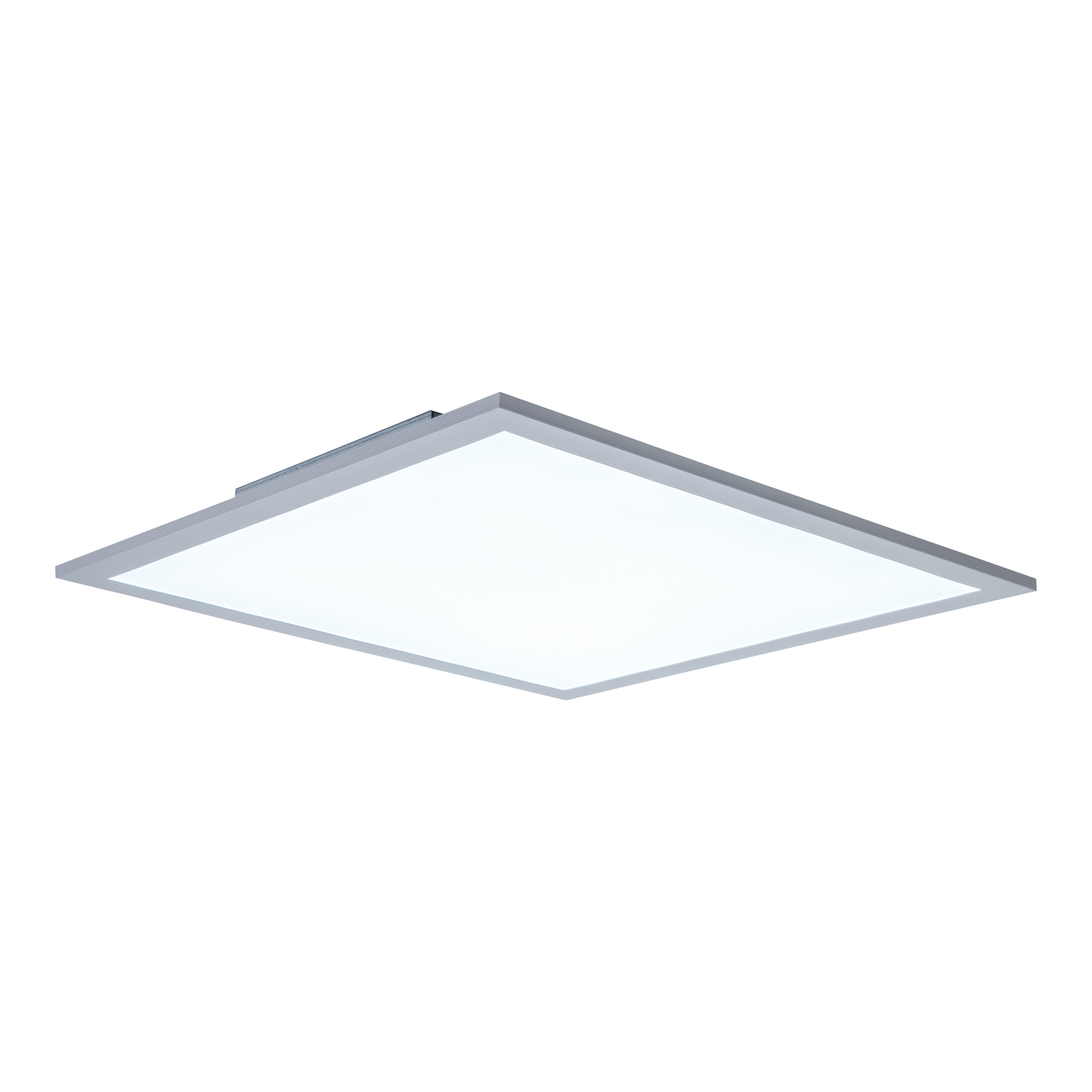 Eine quadratische Deckenlampe mit weißem Licht und einem silbernen Rahmen.