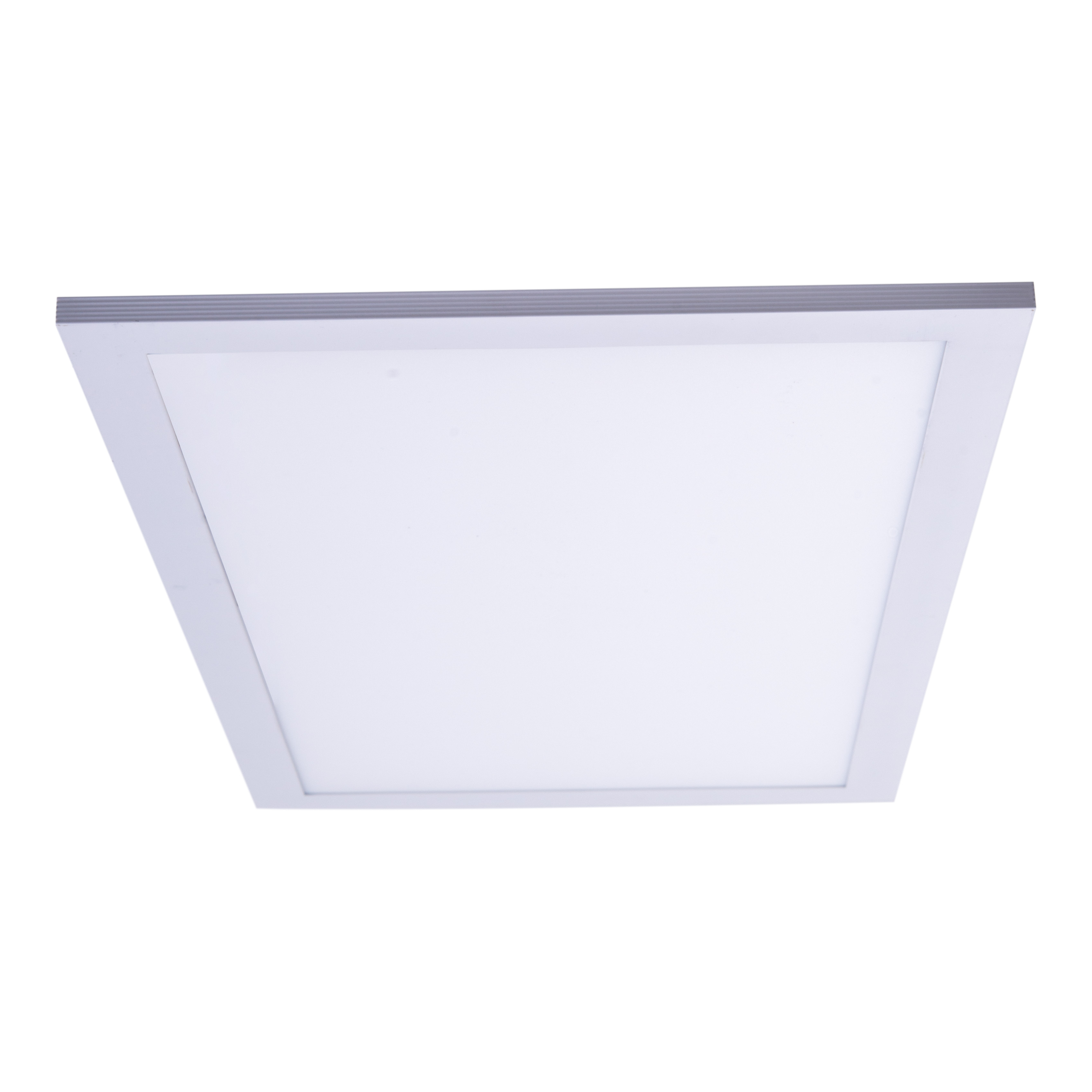 Ein weißes, quadratisches LED-Panel-Licht. Es ist eingelassen, mit einem schlanken weißen Rahmen.