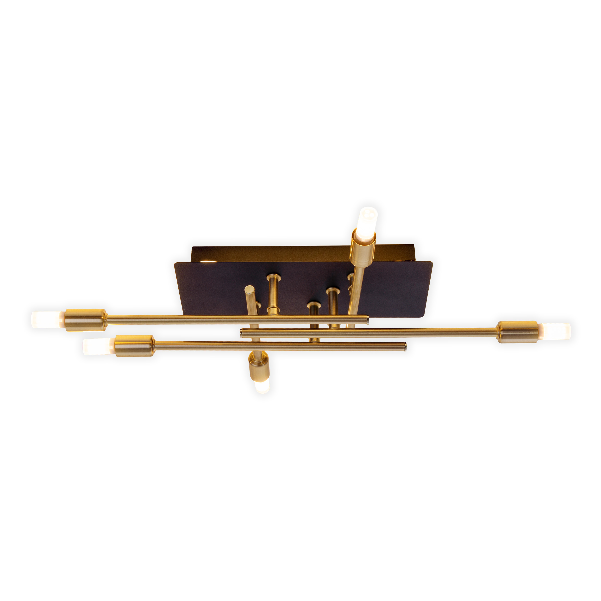 Eine schwarz-goldene Deckenlampe mit mehreren Glühbirnen auf Weiß.