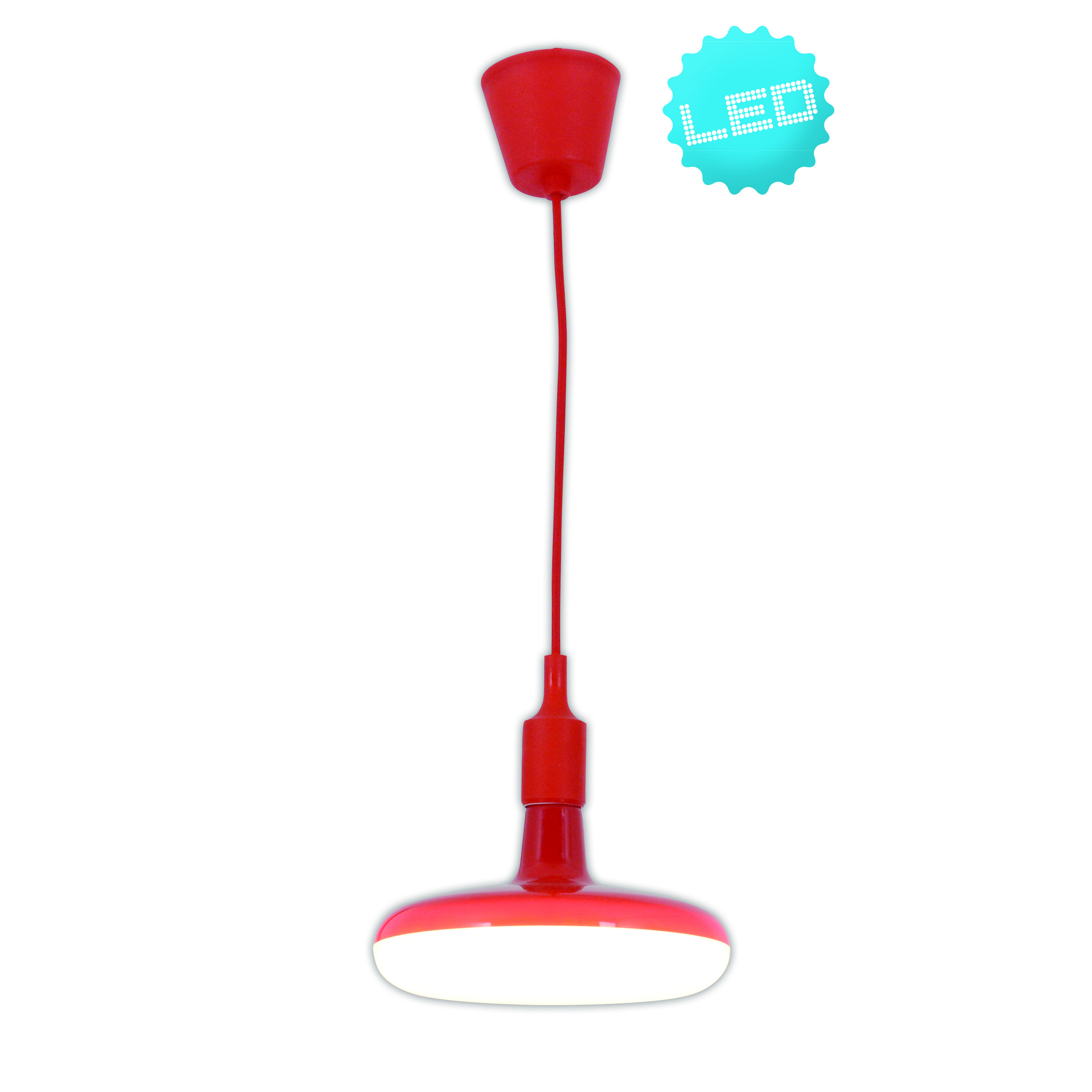 Rote Pendelleuchte mit LED-Symbol, von der Decke hängend.