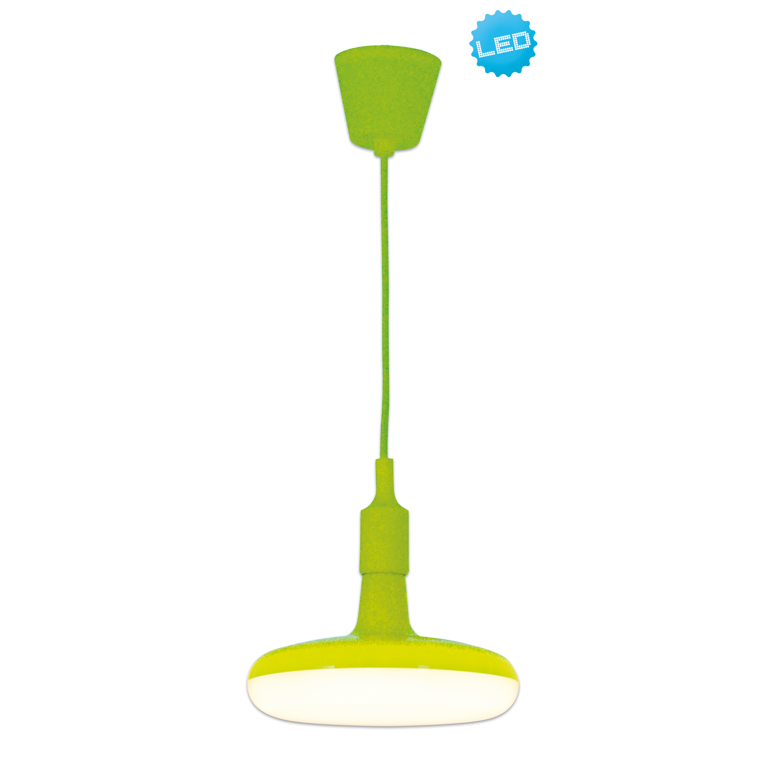 Grüne und weiße Pendelleuchte mit LED-Symbol auf weißem Hintergrund, leuchtend.