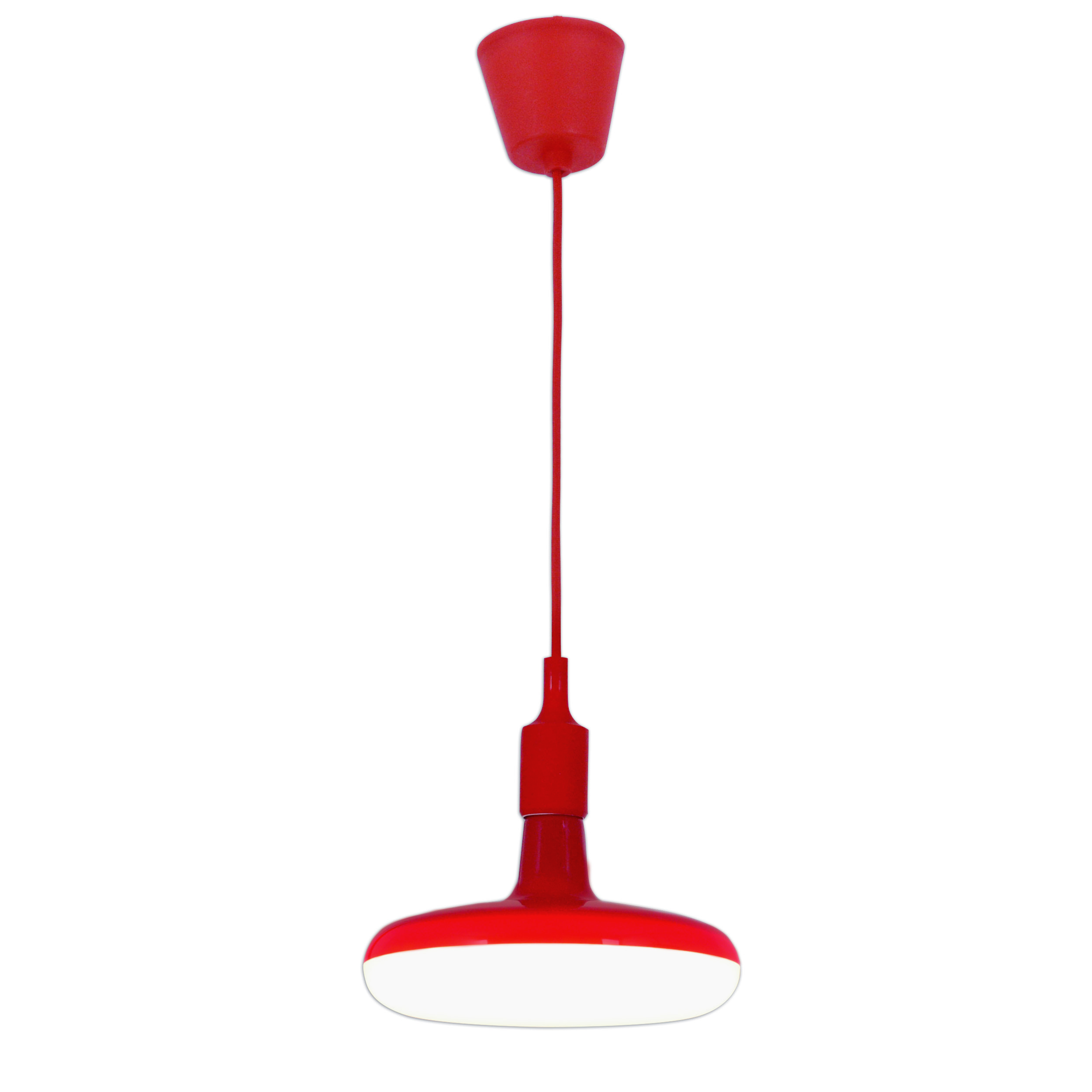 Rote Pendelleuchte, mit rotem Kabel und breitem, weiß grundiertem Schirm.