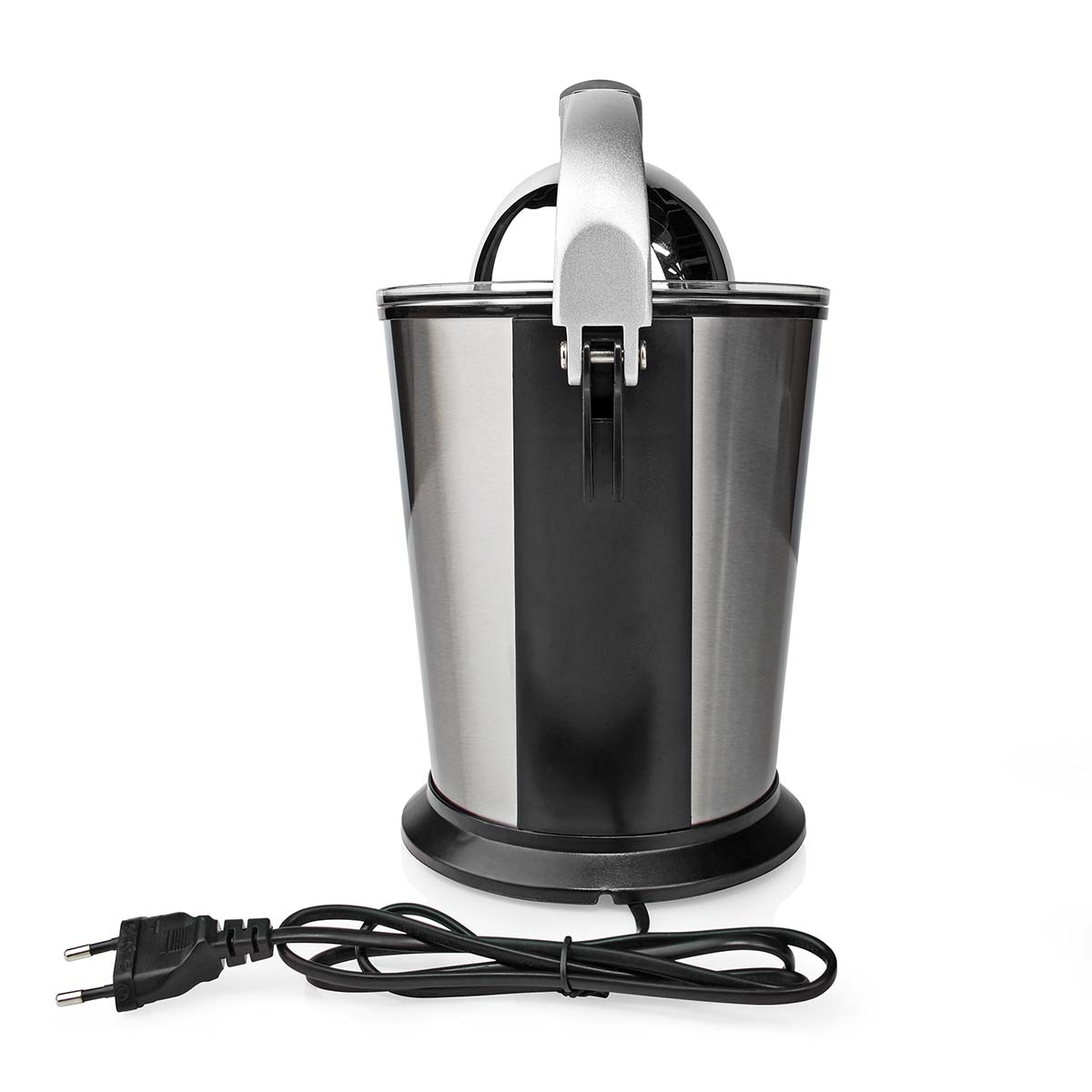 Eine silber-schwarze Eismaschine mit Griff und Netzkabel.