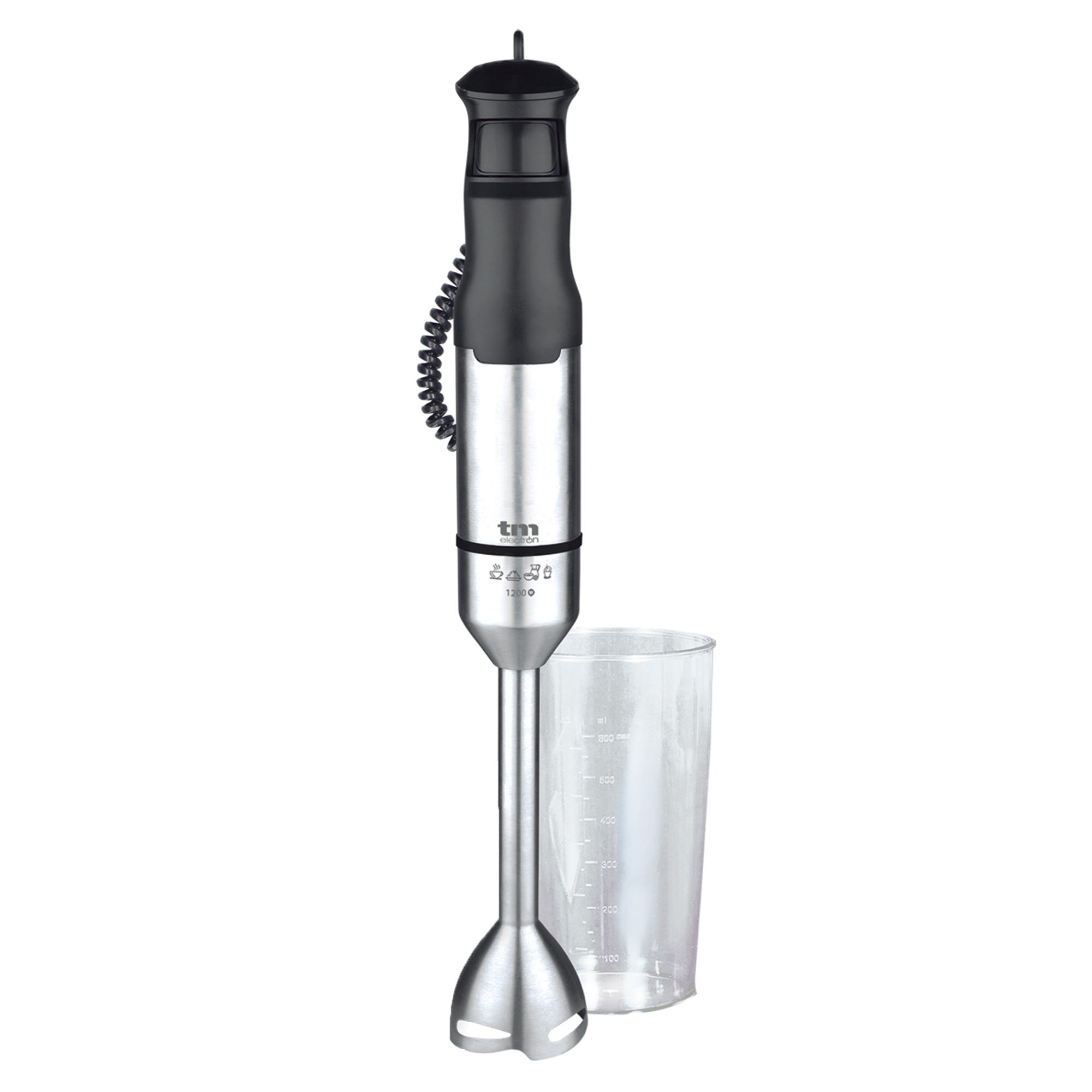 Batidora de mano con parte superior negra y cuerpo plateado. Hay un vaso medidor de plástico transparente al lado.