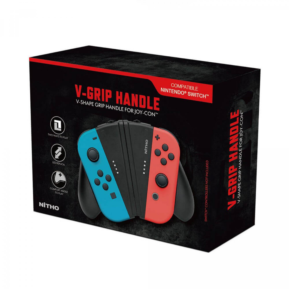 Scatola del controller di gioco, nera con controller blu e rossi e testo.