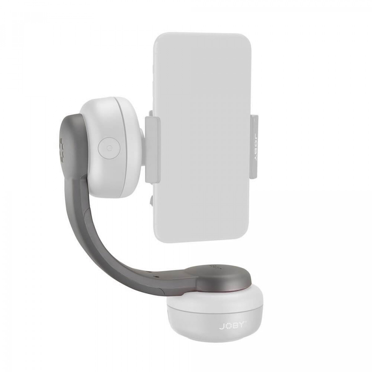 Grauer und weißer Telefonhalter und Gimbal auf weißem Hintergrund, Marke JOBY sichtbar.