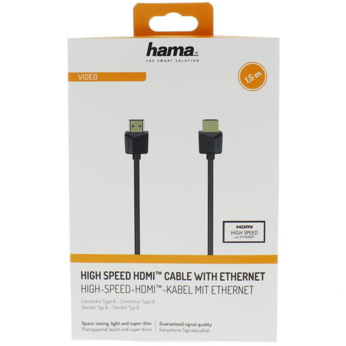 HDMI-Kabelverpackung. Text auf Englisch, mit Bild des Kabels und der Anschlüsse.