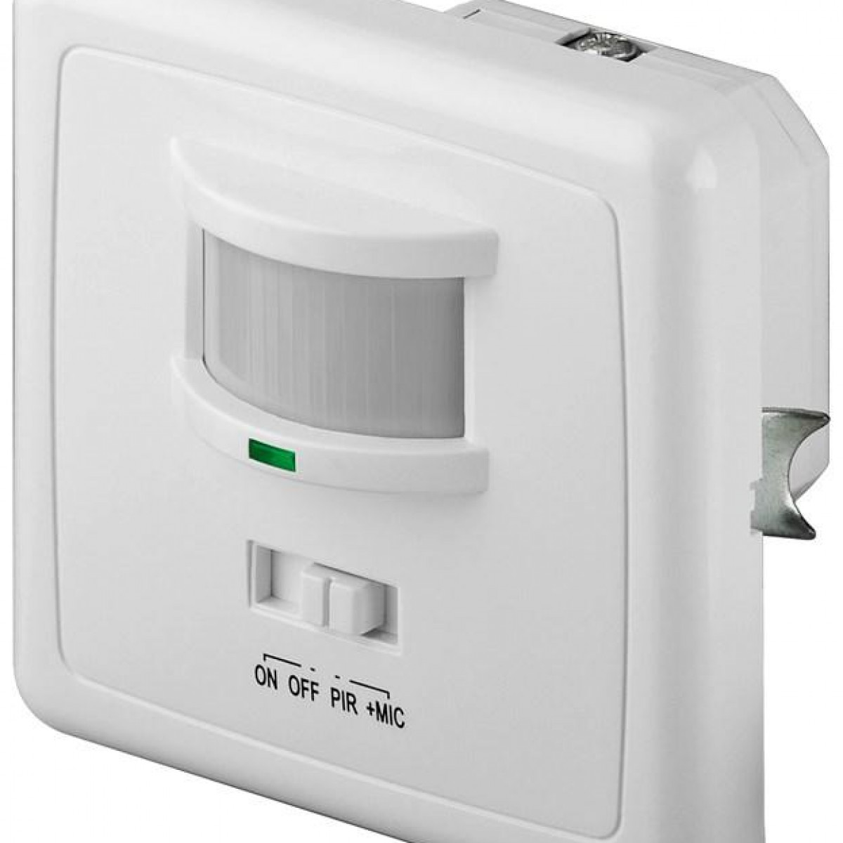 Biały czujnik ruchu. U góry czujnik, u dołu kontrolki włączania/wyłączania i mikrofonu. Białe tło.