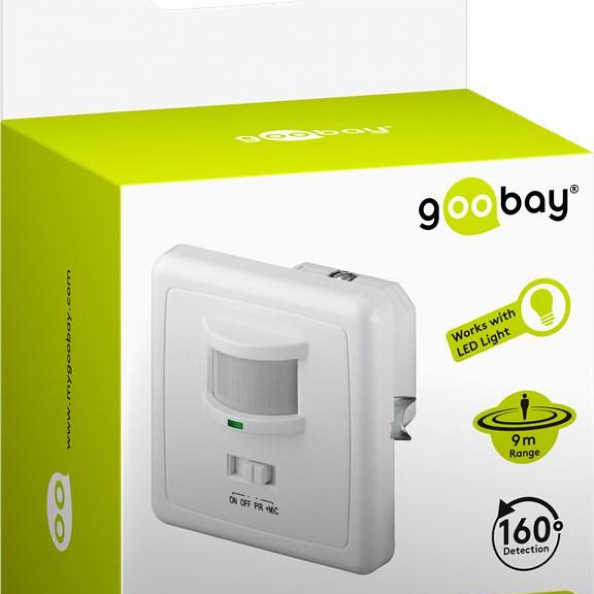 Biały, prostokątny czujnik ruchu z zielonym światłem.