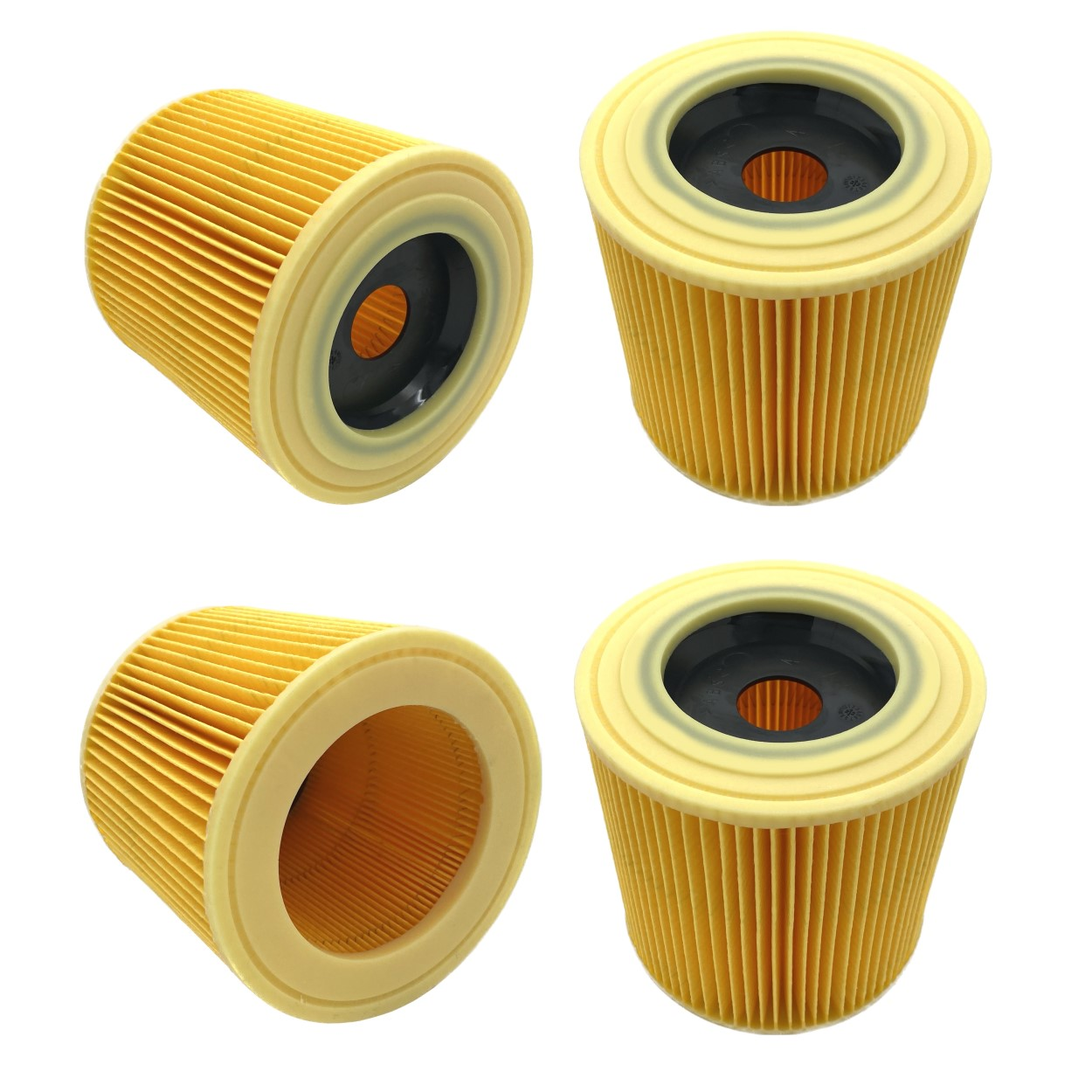 Vier gelbe Luftfilter mit schwarzer Mitte. Sie haben geriffelte Seiten und eine kreisförmige Form.