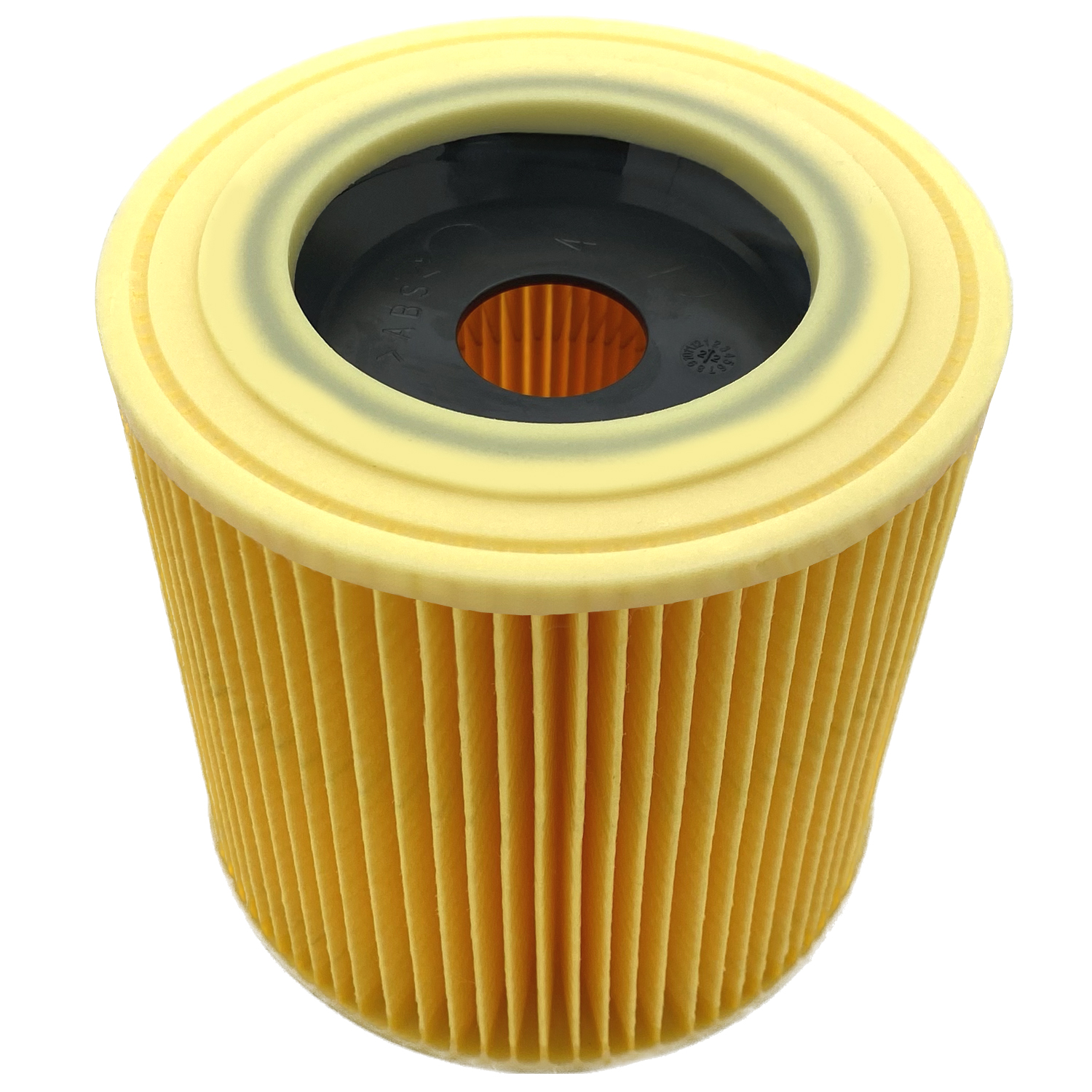 Gelber, plissierter Luftfilter mit schwarzem Ring in der Mitte, vor weißem Hintergrund.