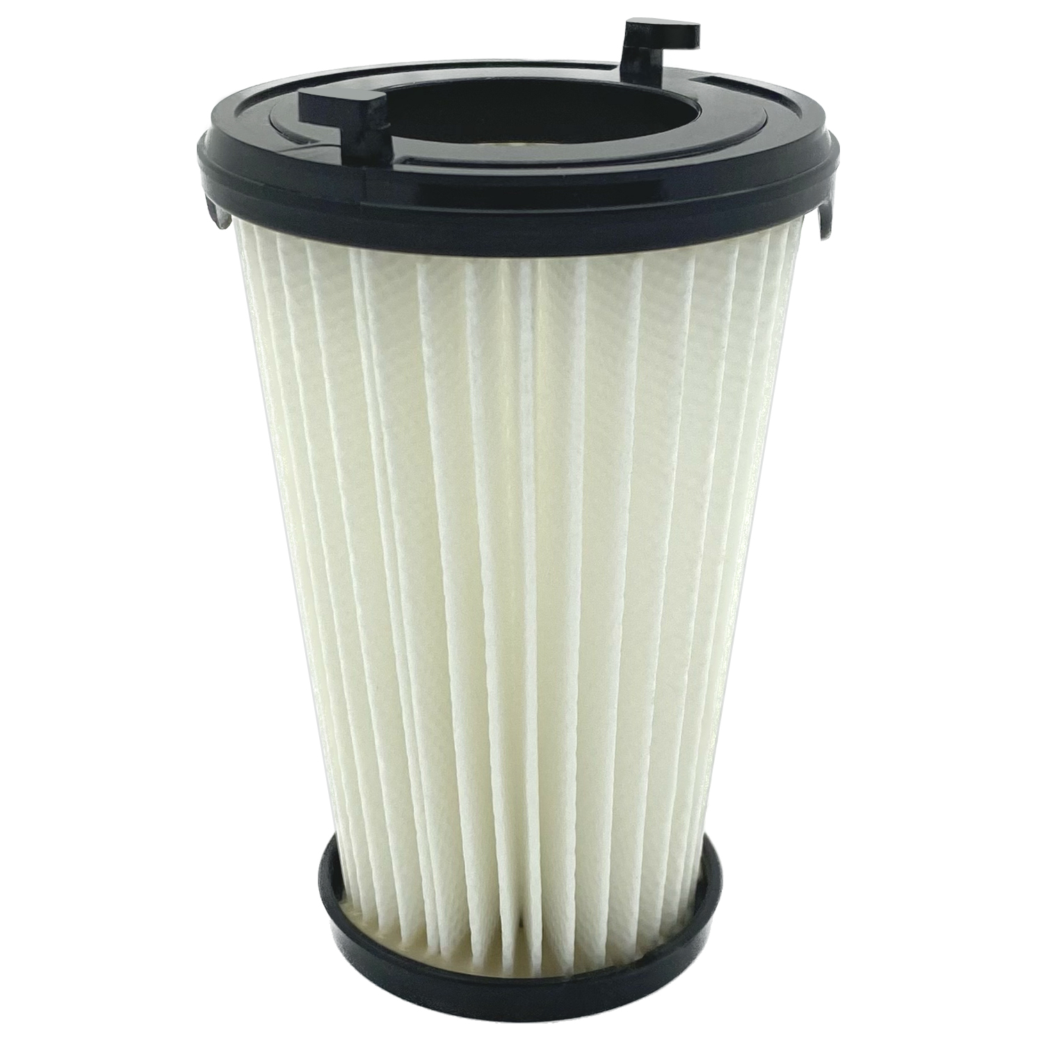 Weißer, plissierter Staubsaugerfilter mit schwarzem oberem und unterem Rand. Der Filter ist kegelförmig.