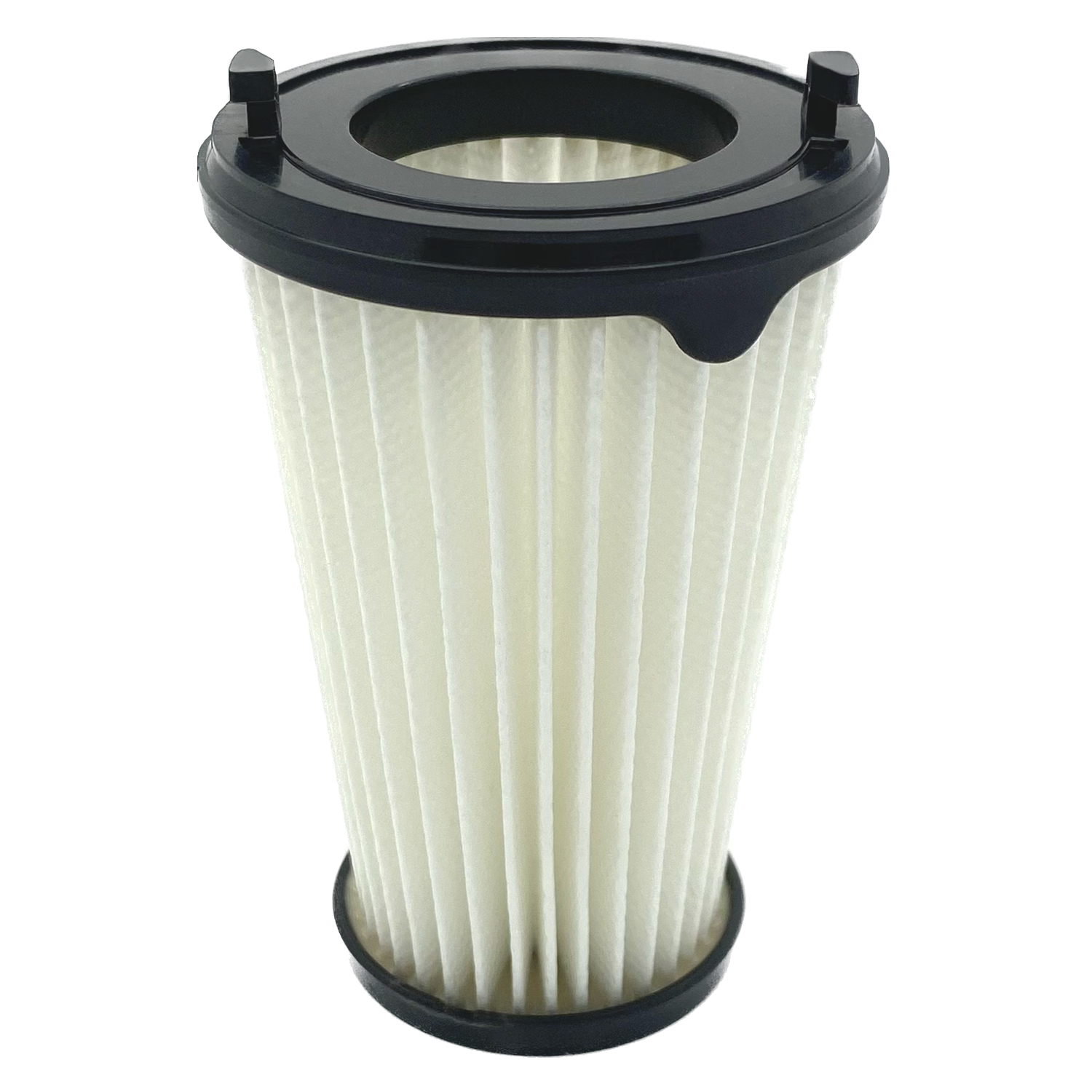 Weißer Staubsaugerfilter mit schwarzem oberen und unteren Teil. Geripptes Design.
