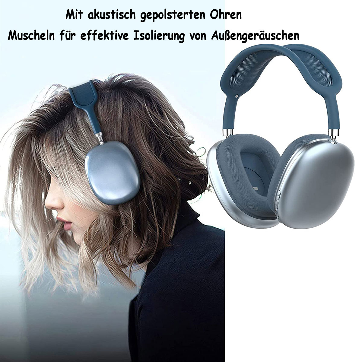 DIIDA für Headset Musik,Kabelloses Bluetooth Kopfhörer Bluetooth-Headset,Faltbare,Geräuschunterdrückung, Over-ear blau Bluetooth