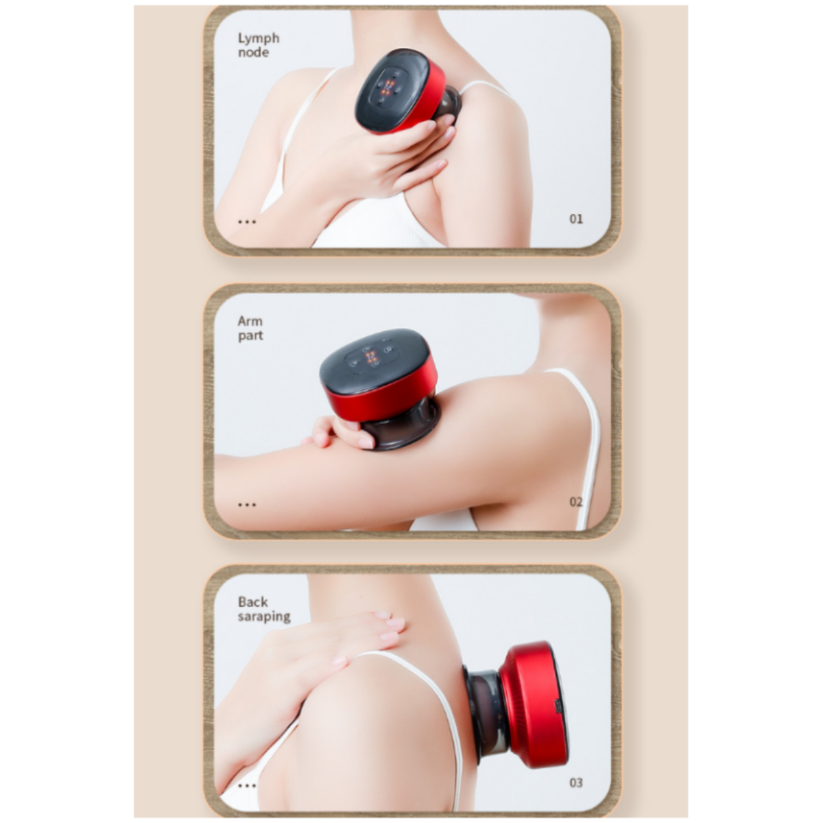 Tres imágenes que muestran un dispositivo que se utiliza en el cuerpo de una persona para masajear.