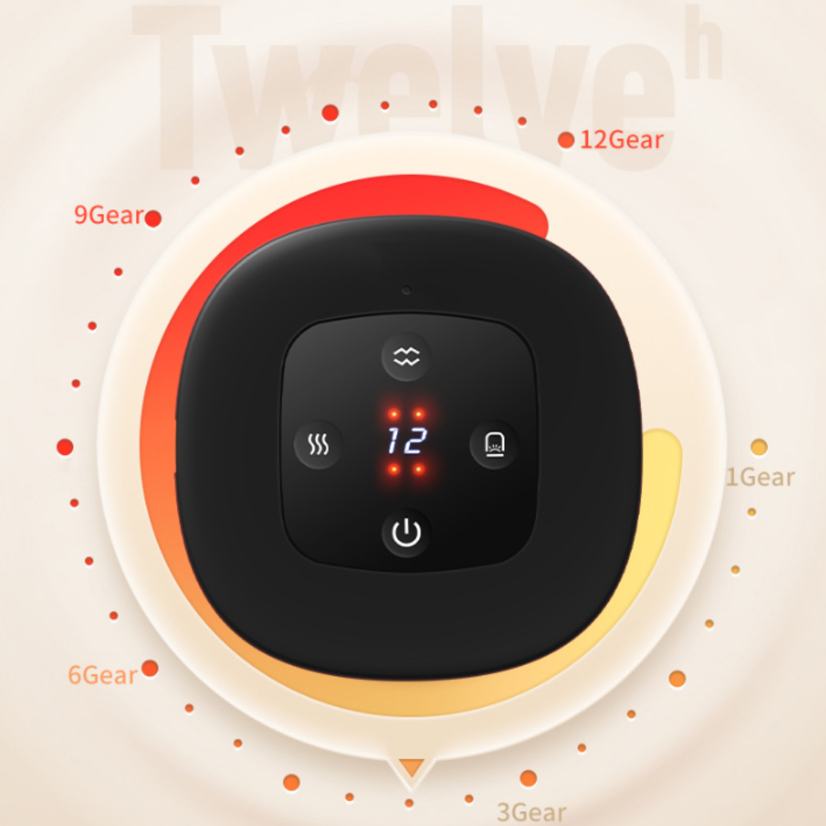 Un dispositivo negro con panel de control, rodeado por un degradado rojo y amarillo.