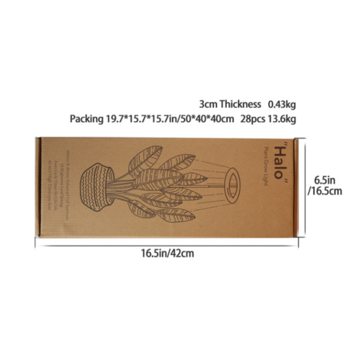 Caja de cartón con descripción de la luz para el cultivo de plantas y dimensiones.