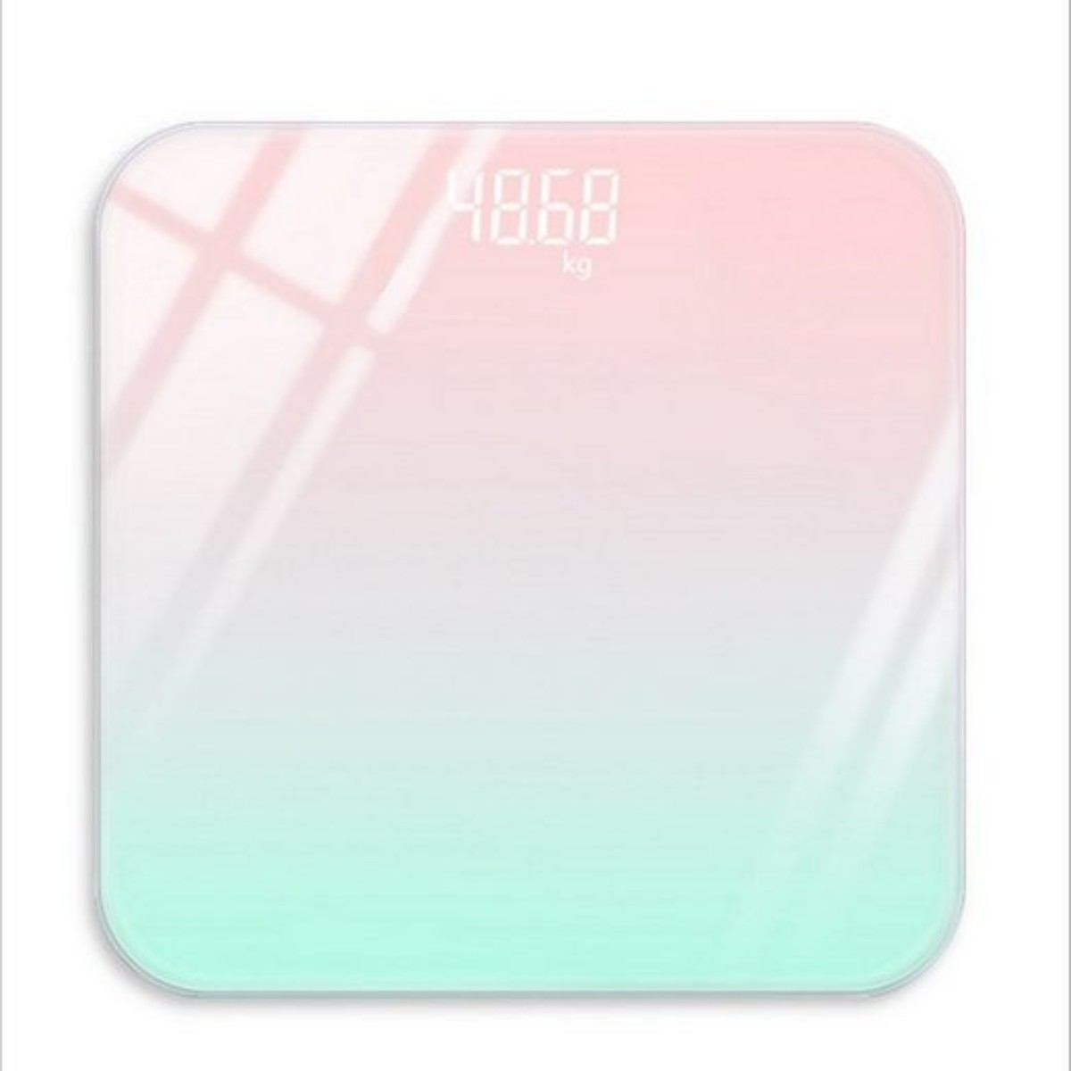 Digitale Waage mit Farbverlauf von Rosa zu Grün, zeigt ein Gewicht.