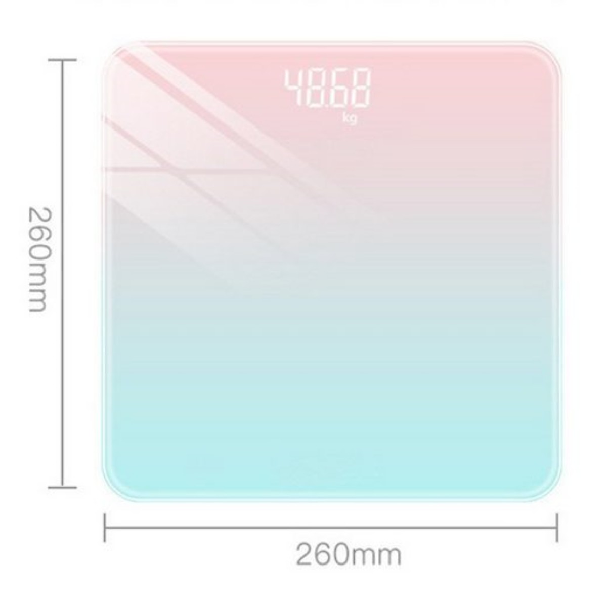 Digitale Waage mit 48,68 kg. Farbverlauf pink-blau, 260mm Seiten.