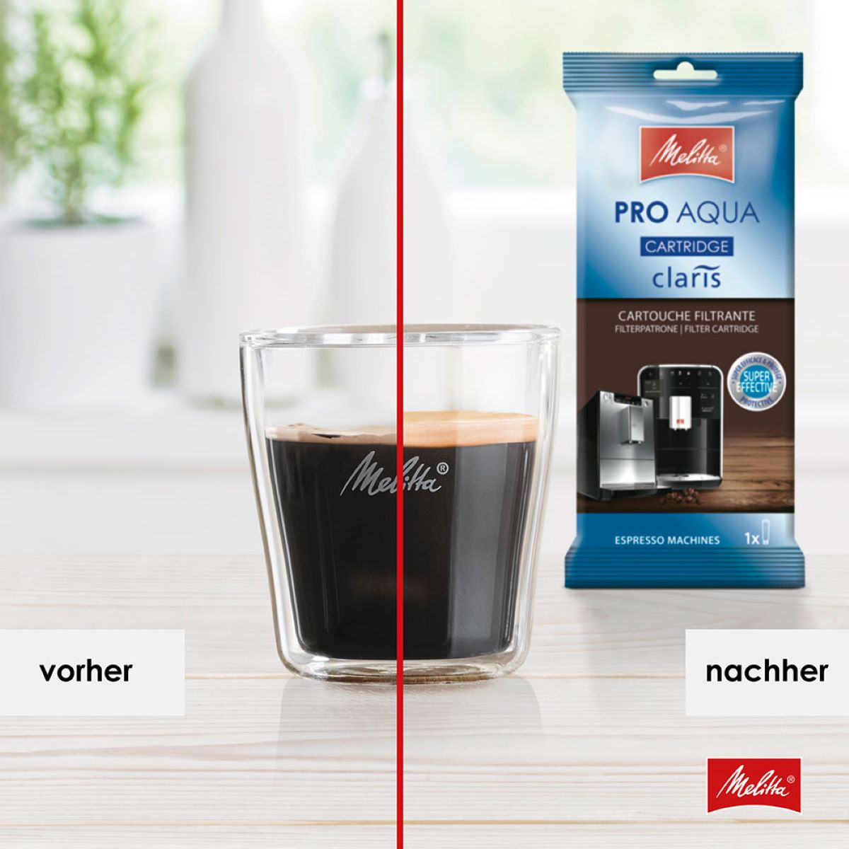 Ein Glas Kaffee mit Filterkartusche und Text.