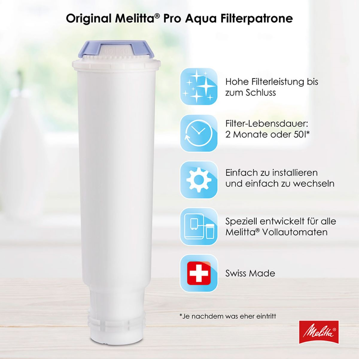Weißer Wasserfilter mit blauem Deckel und Textetiketten, auf quadratischem Hintergrund.
