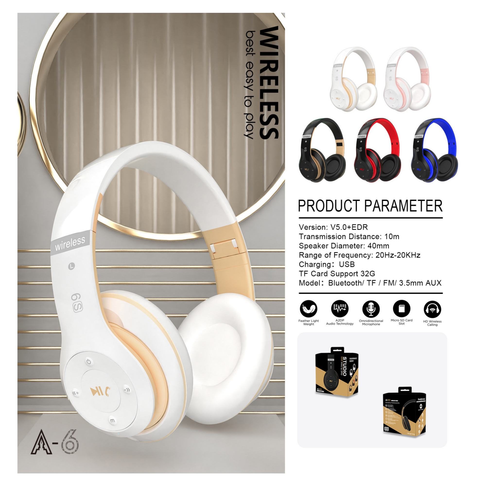 Weiße und goldene kabellose Kopfhörer mit Produktparametern und Farbauswahl.