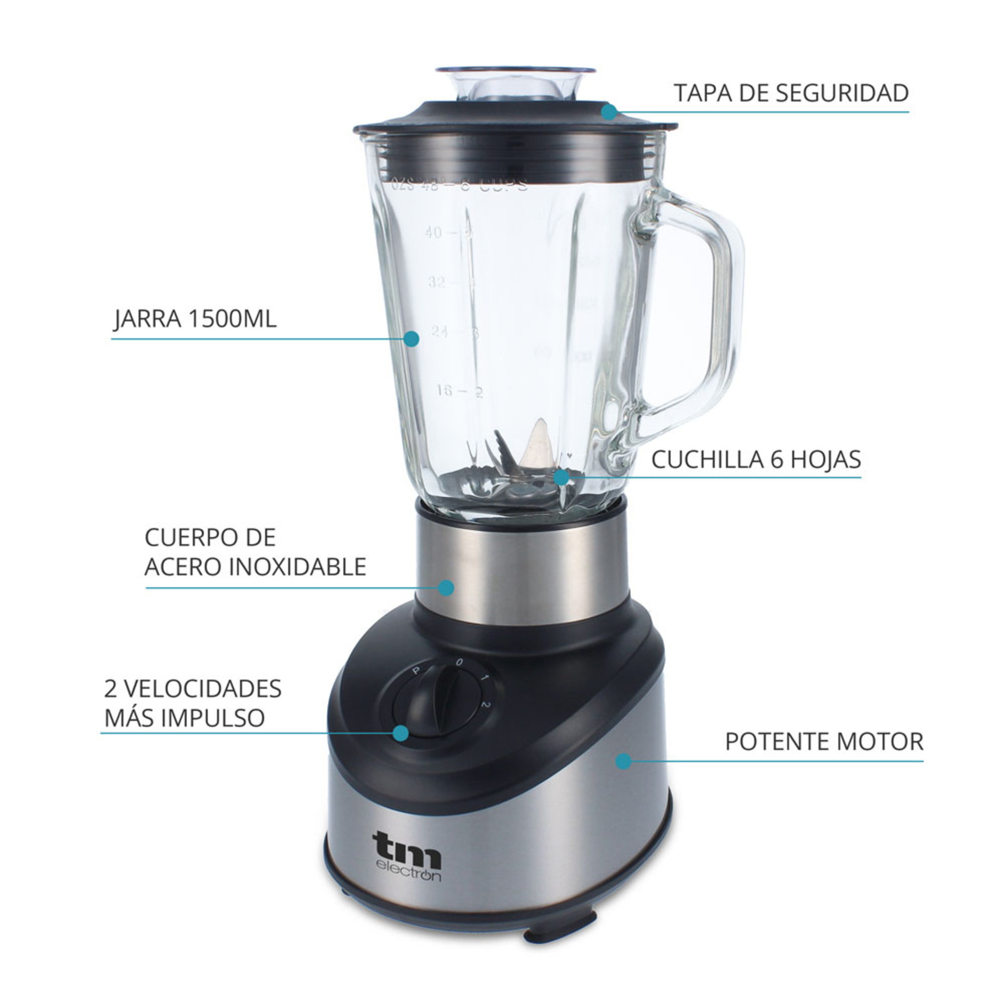Frullatore con caraffa in vetro, base in acciaio inox e comandi neri. Le etichette identificano le parti.