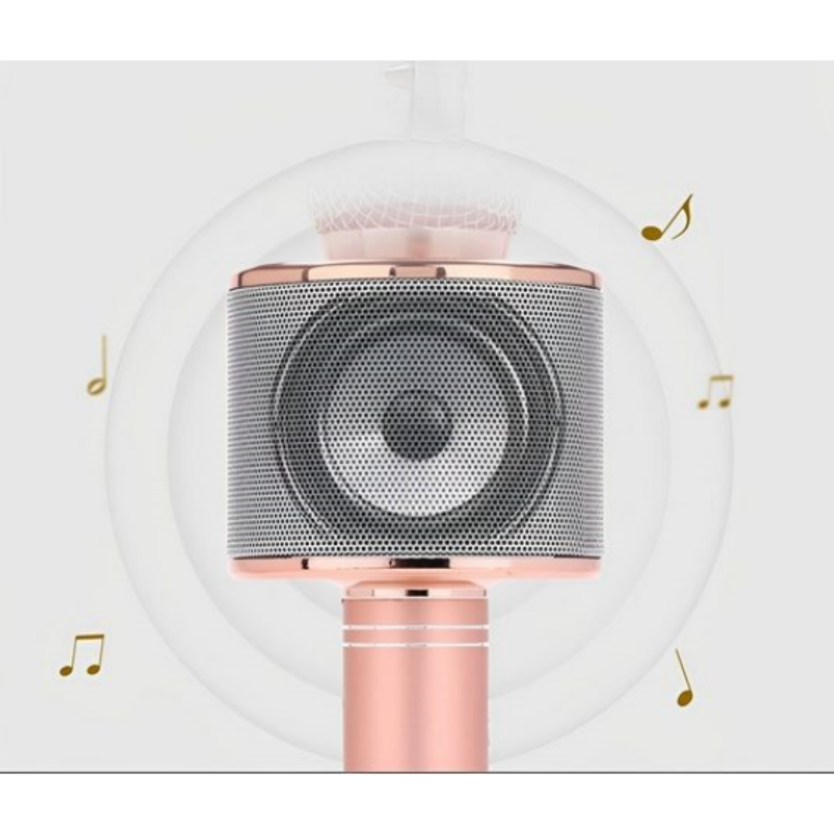 Micrófono de karaoke oro rosa con altavoz de malla, rodeado de notas musicales sobre fondo blanco.