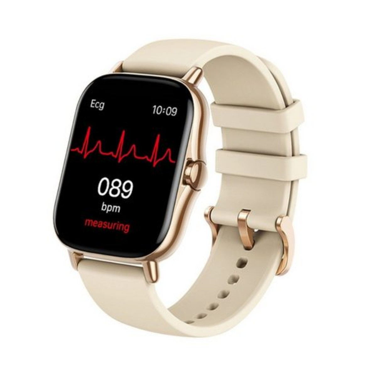 Smartwatch crema con pantalla rectangular que muestra la frecuencia cardíaca y la hora.