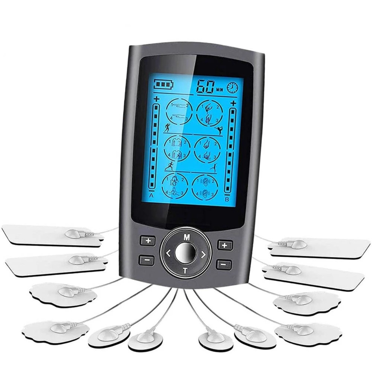 Graues TENS-Gerät mit befestigten Elektrodenpads.