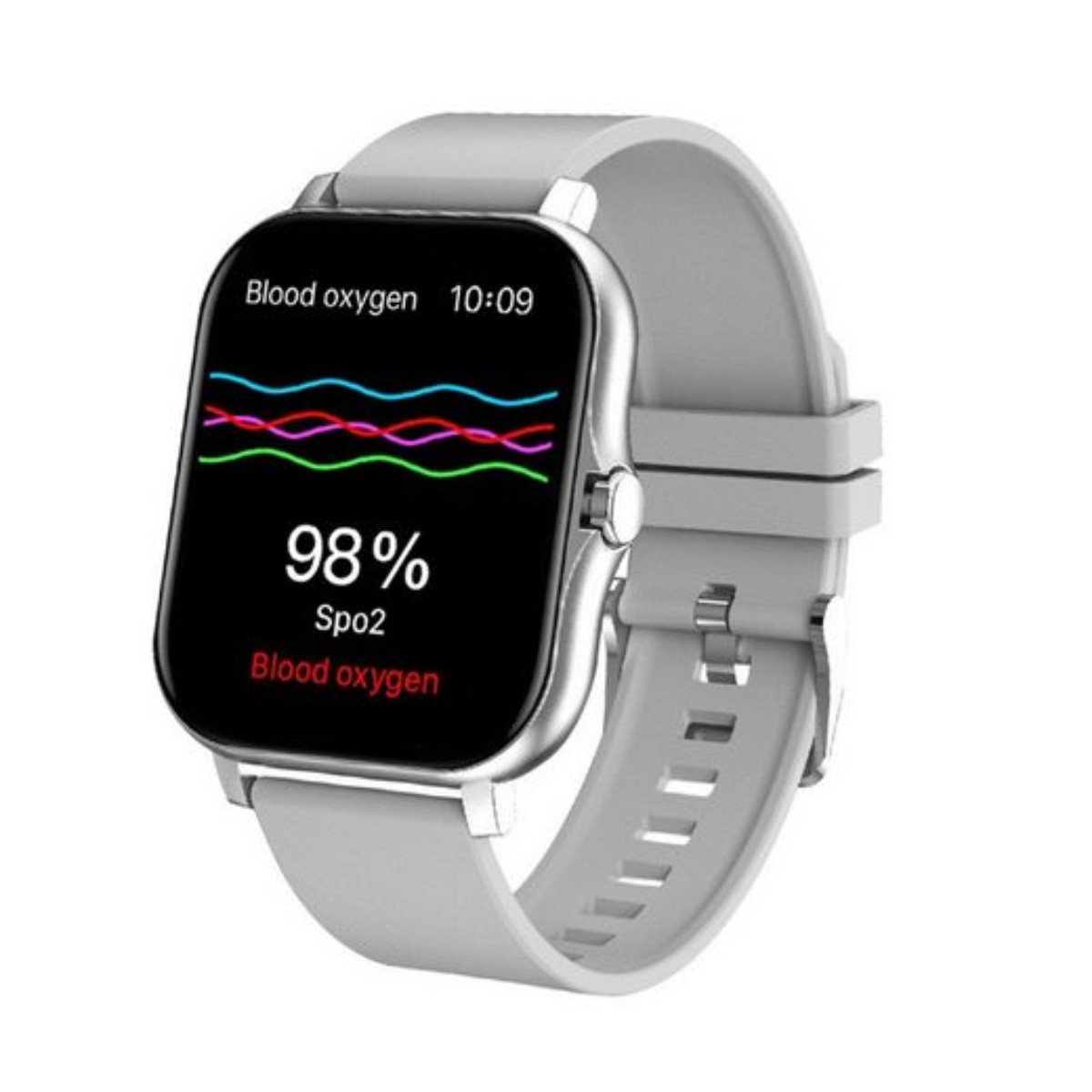 Smartwatch, correa gris, pantalla negra muestra nivel de oxígeno en sangre y hora. Fondo blanco.
