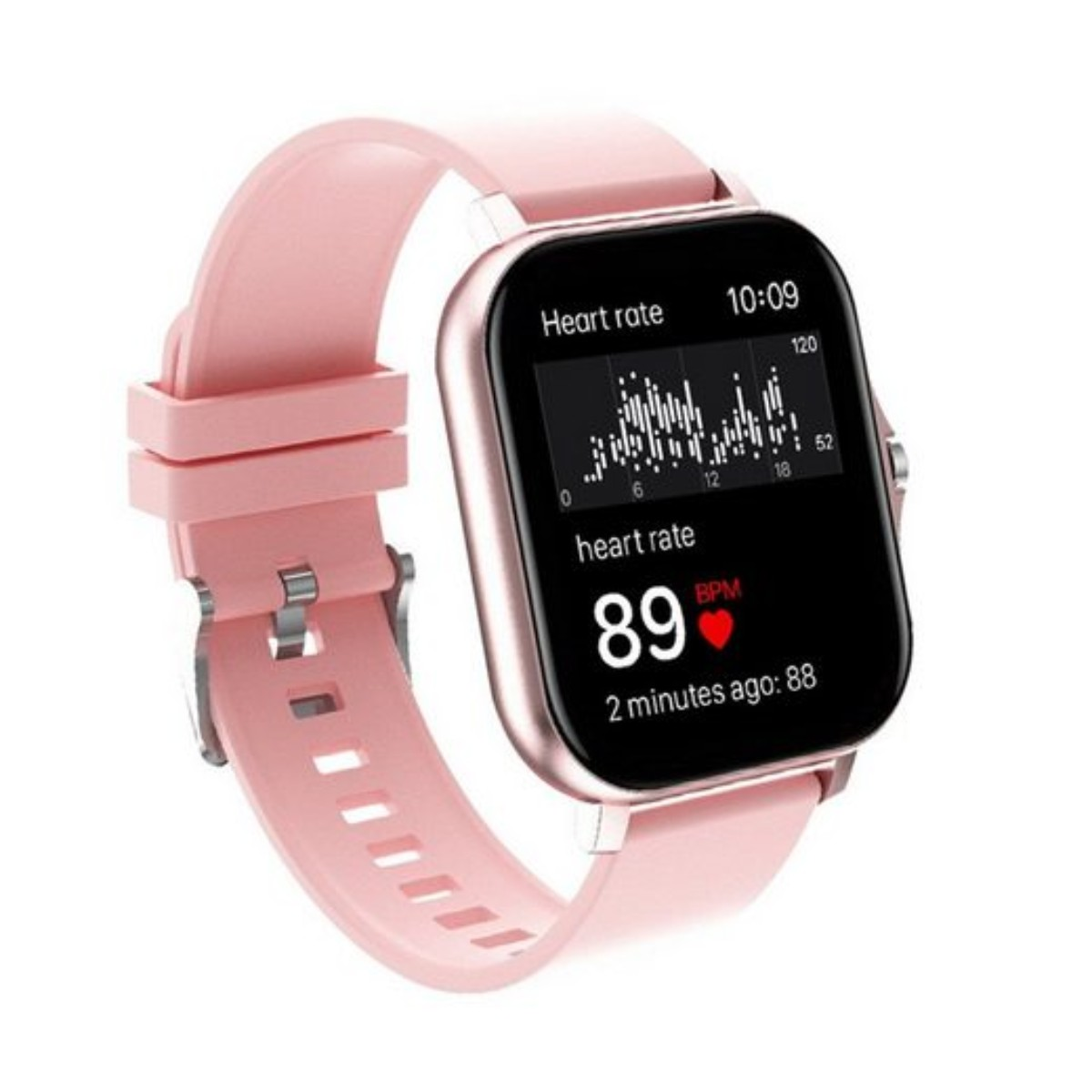 Smartwatch rosa con pantalla de frecuencia cardíaca, que muestra un gráfico y una frecuencia cardíaca de 89 BPM.
