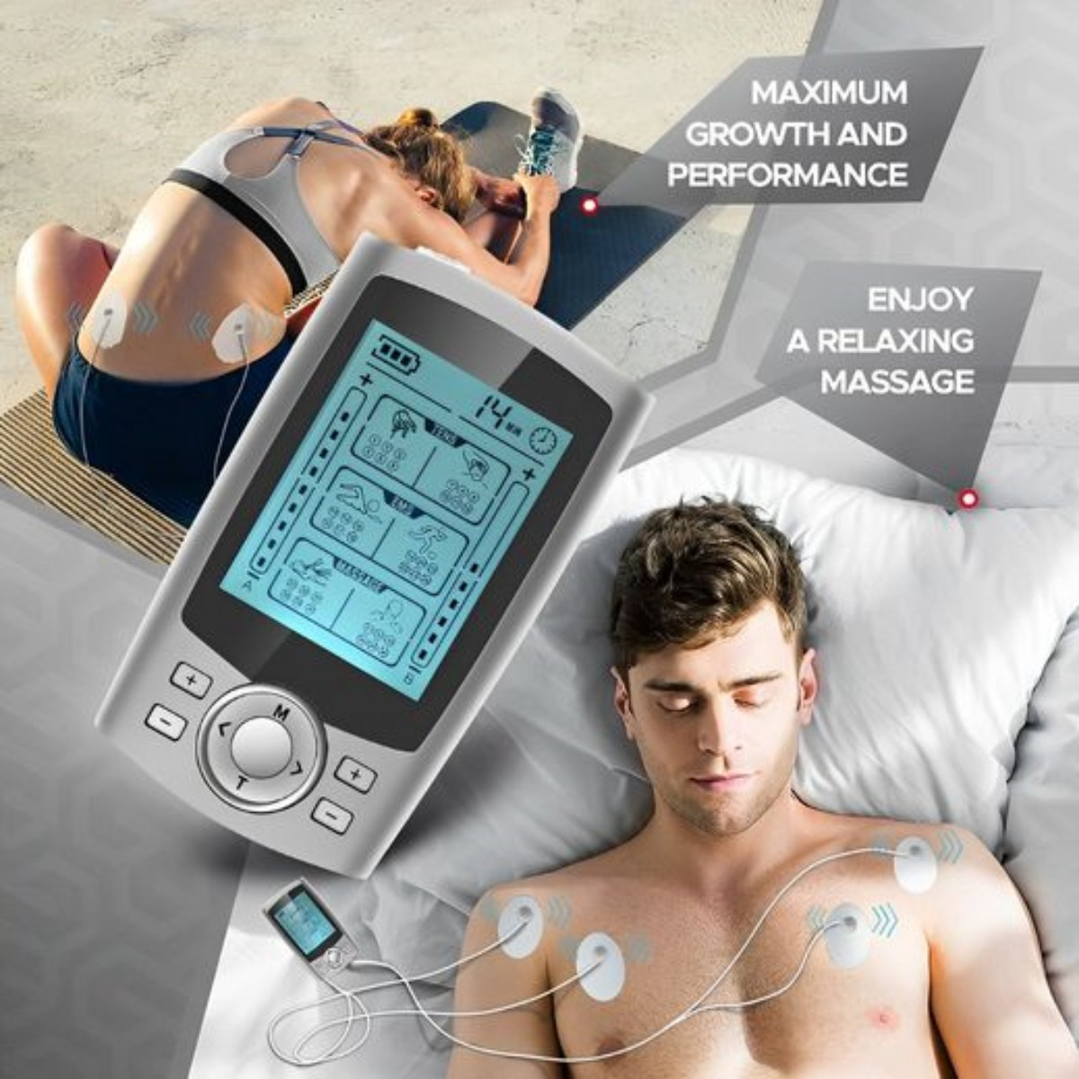 Personen mit einem elektronischen Muskelstimulator, mit Textüberlagerungen zu Massage und Leistung.