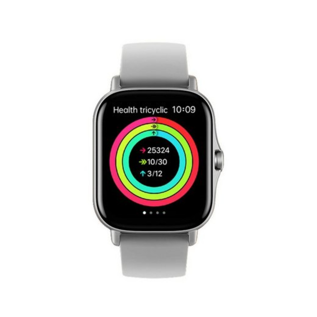 Smartwatch gris que muestra anillos de actividad y datos de salud en la pantalla. Correa gris claro.
