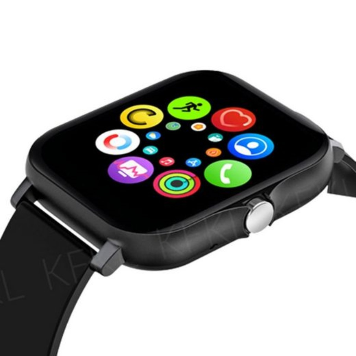 Un smartwatch negro muestra varios iconos de aplicaciones en su pantalla. Correa negra.