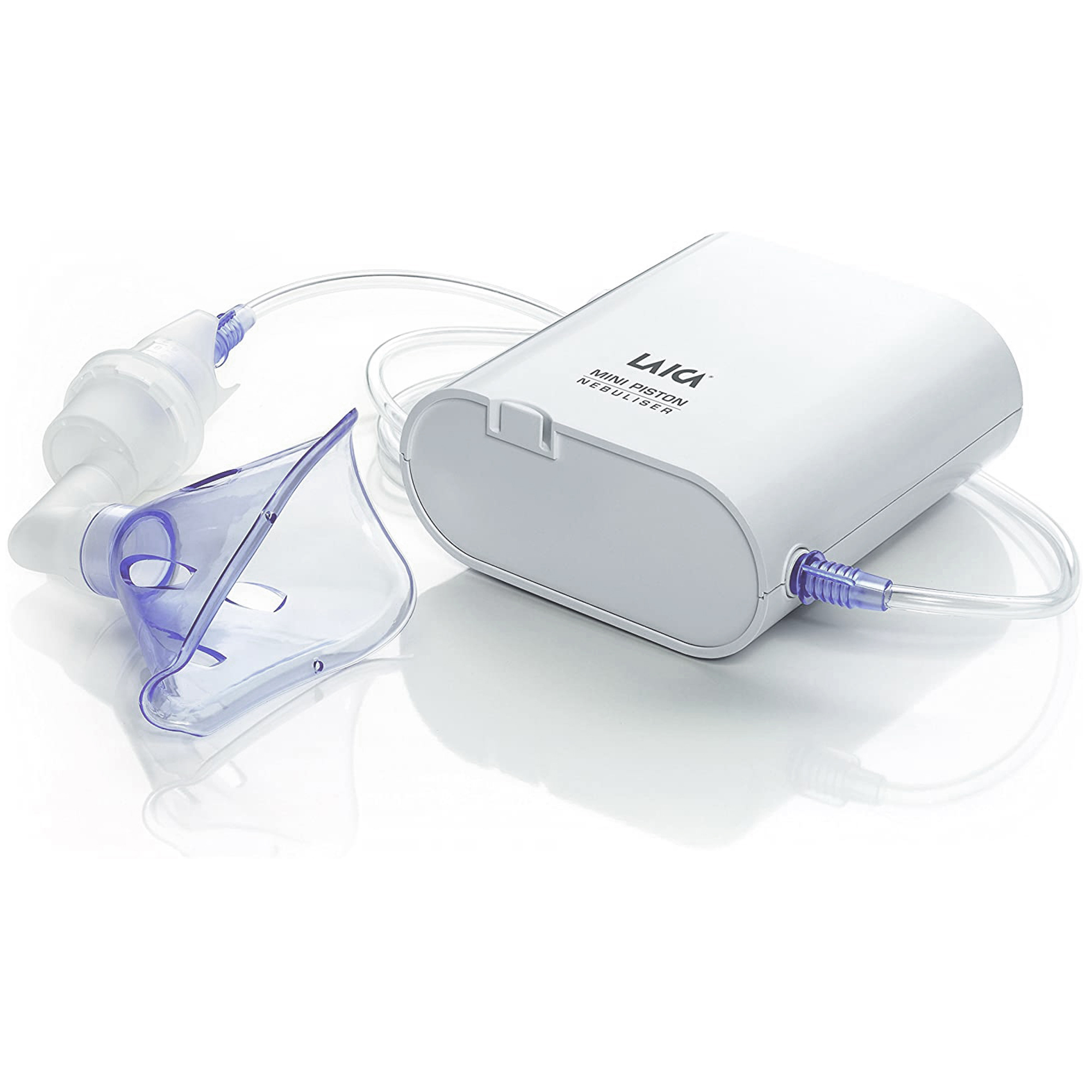 Un nebulizador de pistón mini Laica blanco con mascarilla y tubo, sobre fondo blanco.