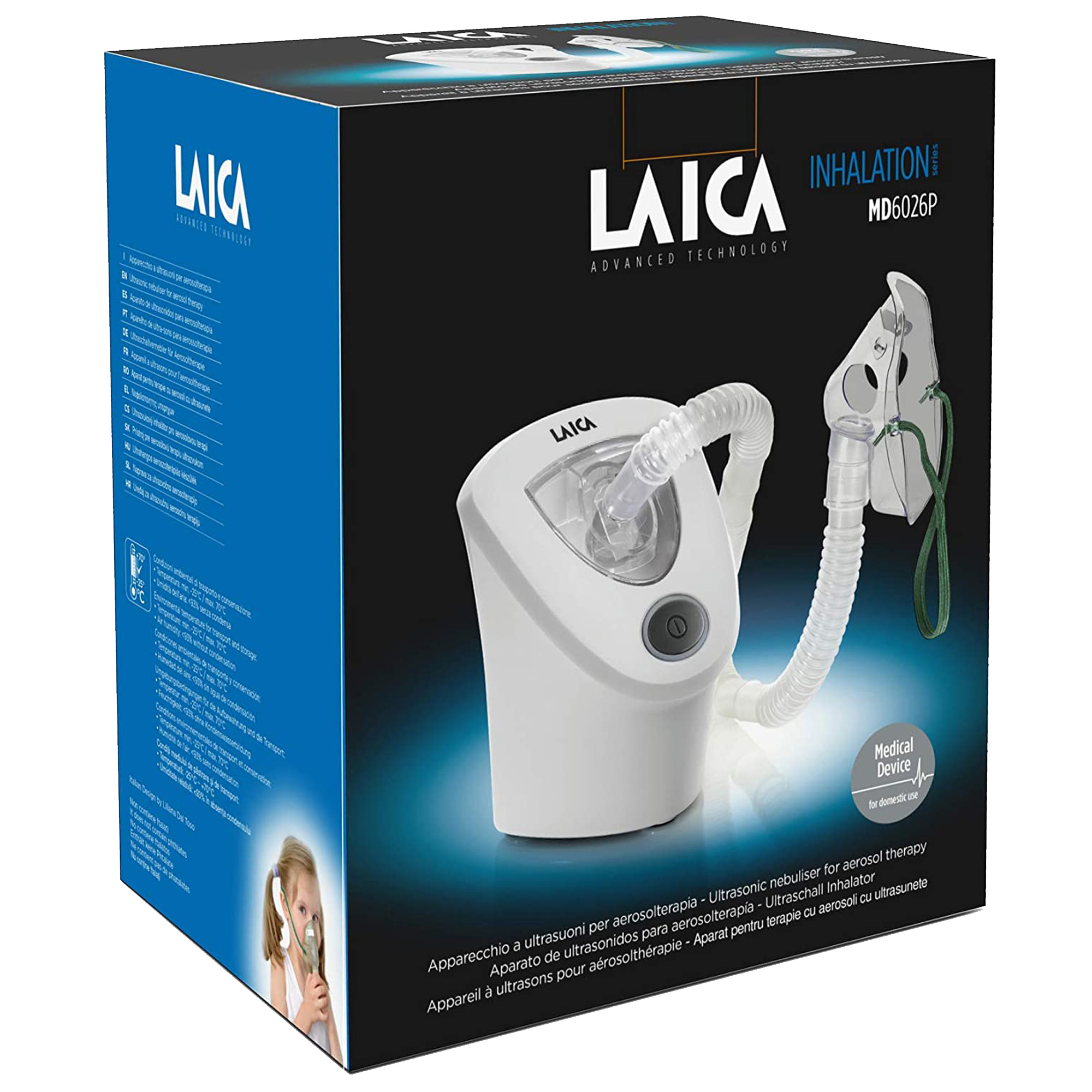 Inhalador Laica blanco y azul embalado. Tiene una máscara conectada. Texto en varios idiomas.