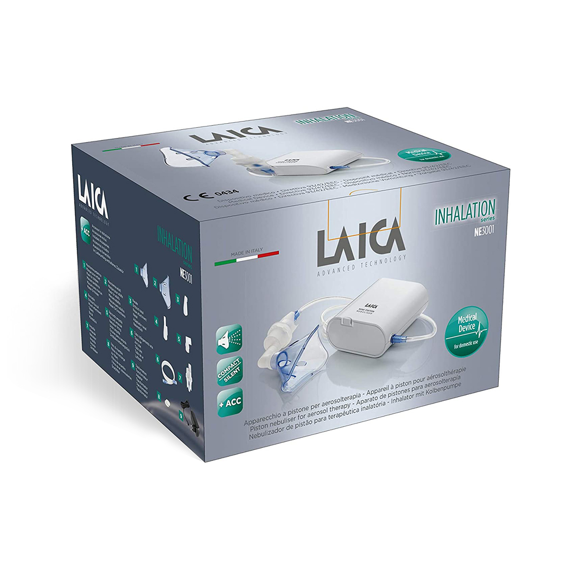 Inhalador Laica en caja. Inhalador, mascarilla y accesorios blancos. La caja tiene texto en varios idiomas.