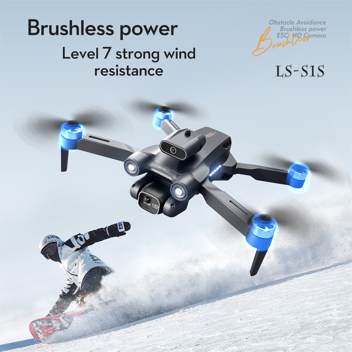 Schwarze und graue Drohne im Flug mit blauen Lichtern und ein Snowboarder auf einer schneebedeckten Piste.