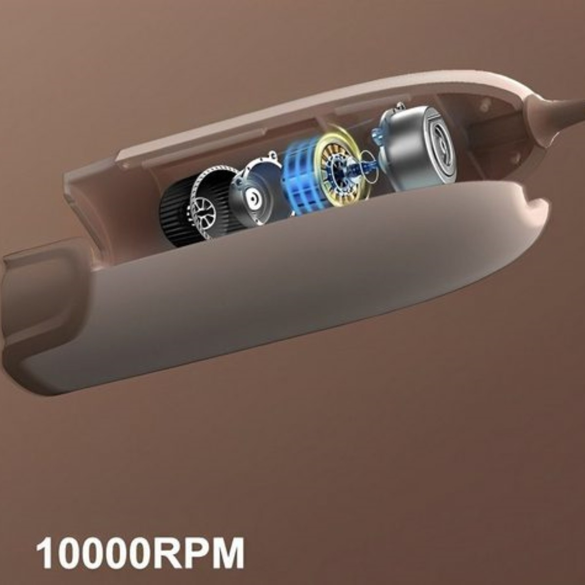 Interne Komponenten eines Haartrockners, die den Motor und die Lüfterflügel zeigen, und Text, der 10000 U/min angibt.
