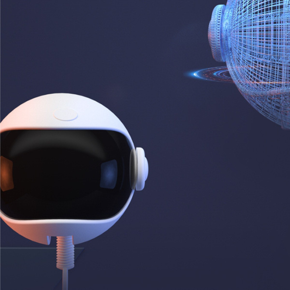 Weißer roboterartiger Kopf mit schwarzem Visier. Im Hintergrund befinden sich blaue Drahtkugeln.