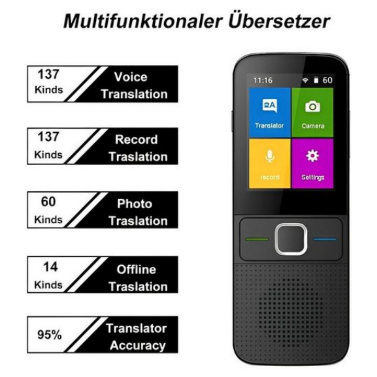 Schwarz-weißes Übersetzungsgerät mit Touchscreen, das Übersetzungsfunktionen anzeigt.