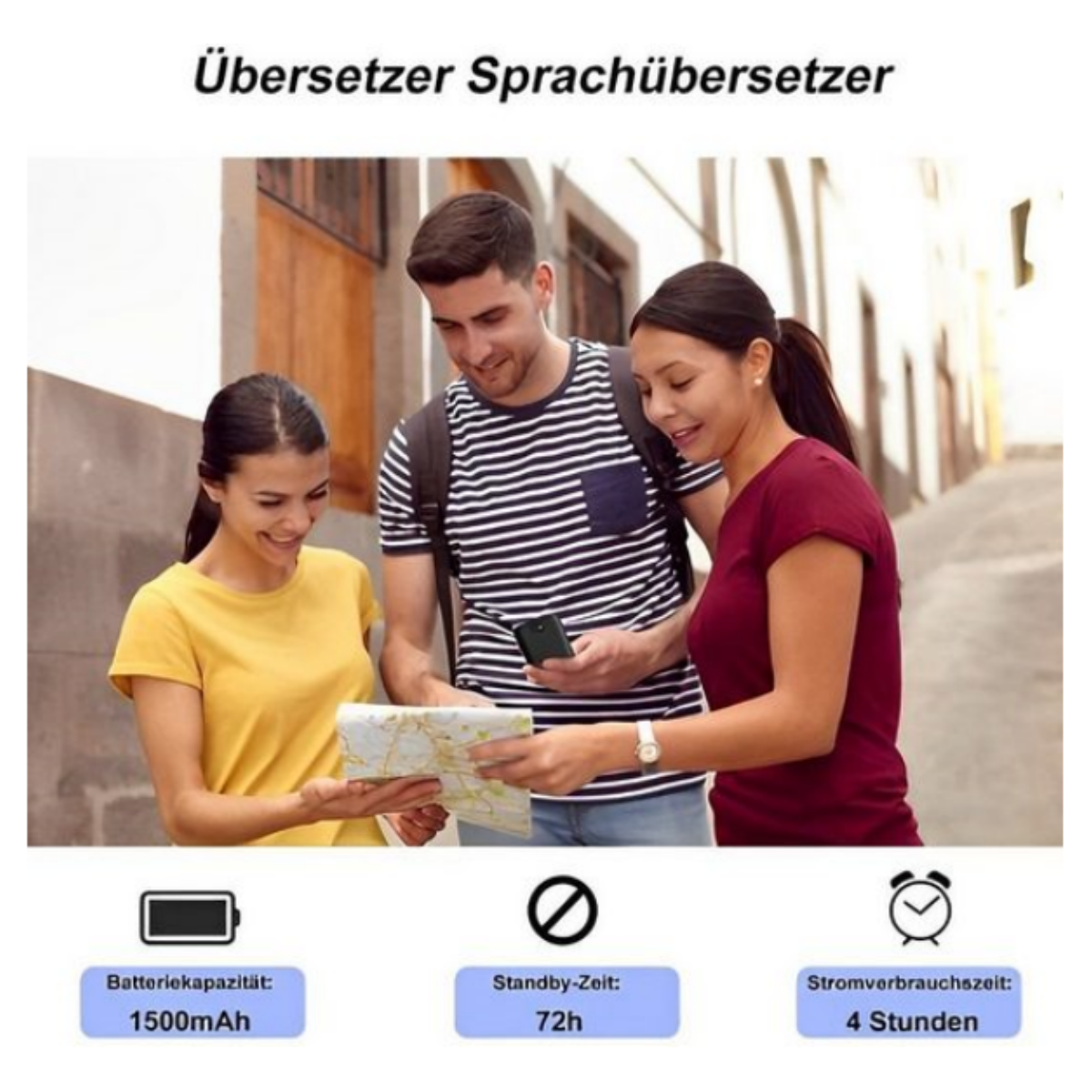 Drei Personen betrachten eine Karte. Ein Telefon und Symbole darunter zeigen Akku, Standby und Nutzungszeit in Stunden.