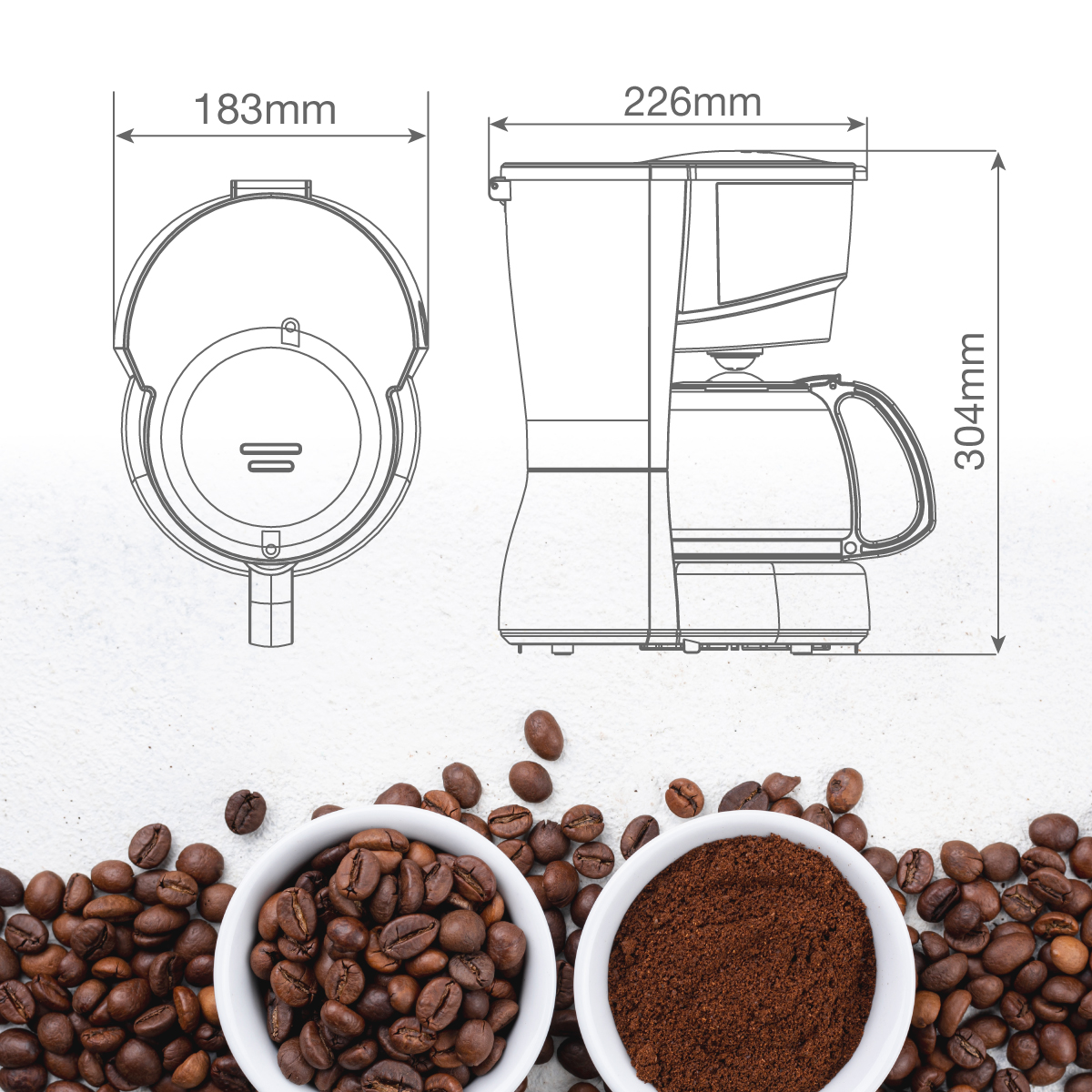 Diagrama de cafetera con medidas. Granos de café y café molido en cuencos debajo.