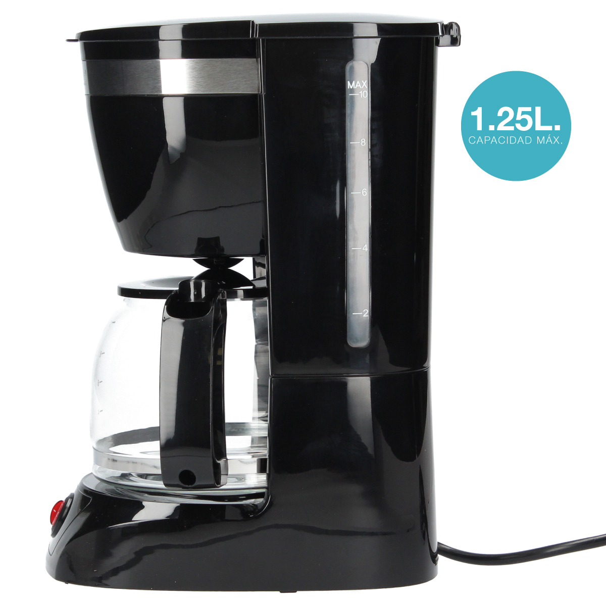 Cafetera negra con jarra transparente. El indicador de capacidad muestra un máximo de 1,25L. Botón rojo.
