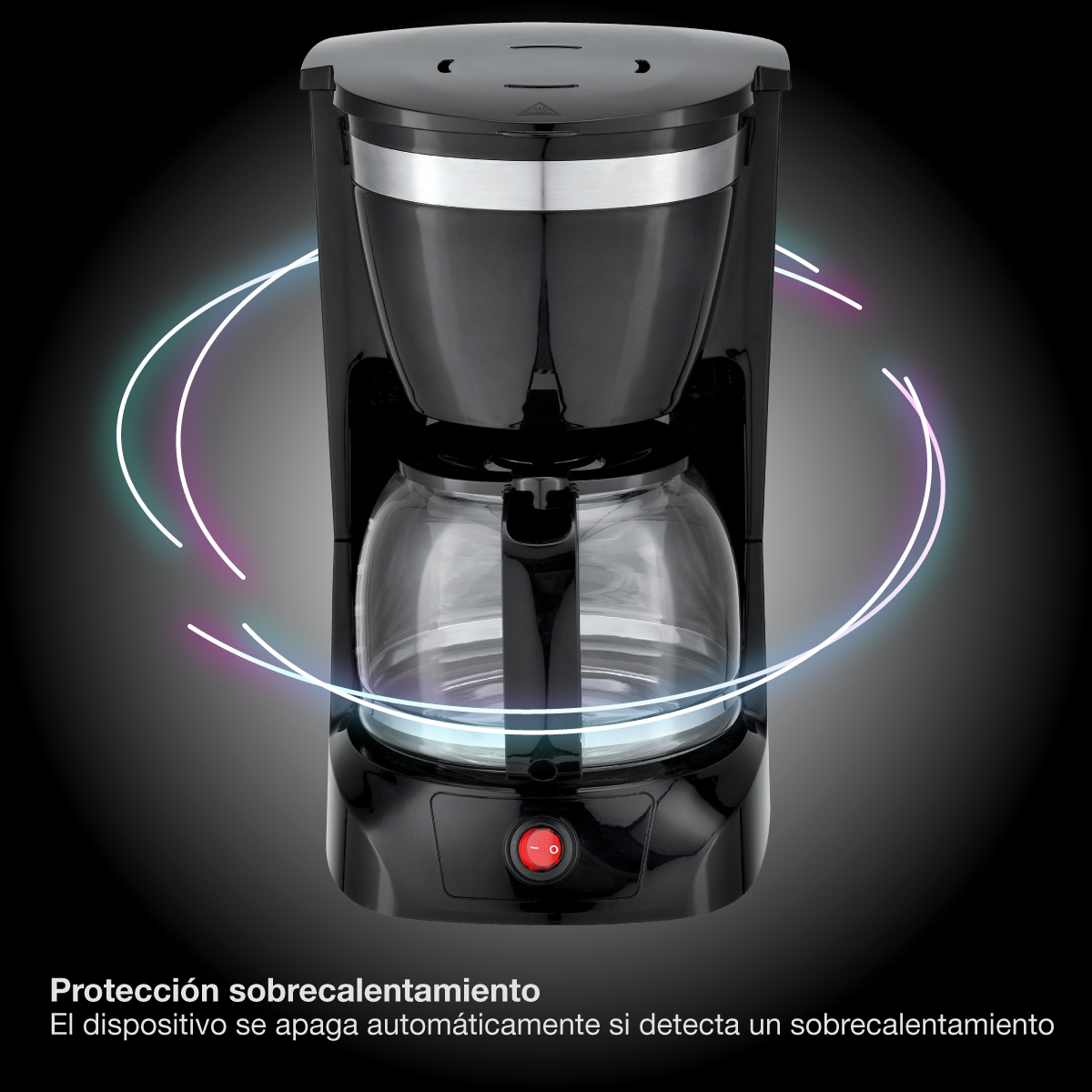Cafetera negra con jarra de vidrio, sobre un fondo degradado oscuro con arcos de luz coloridos.