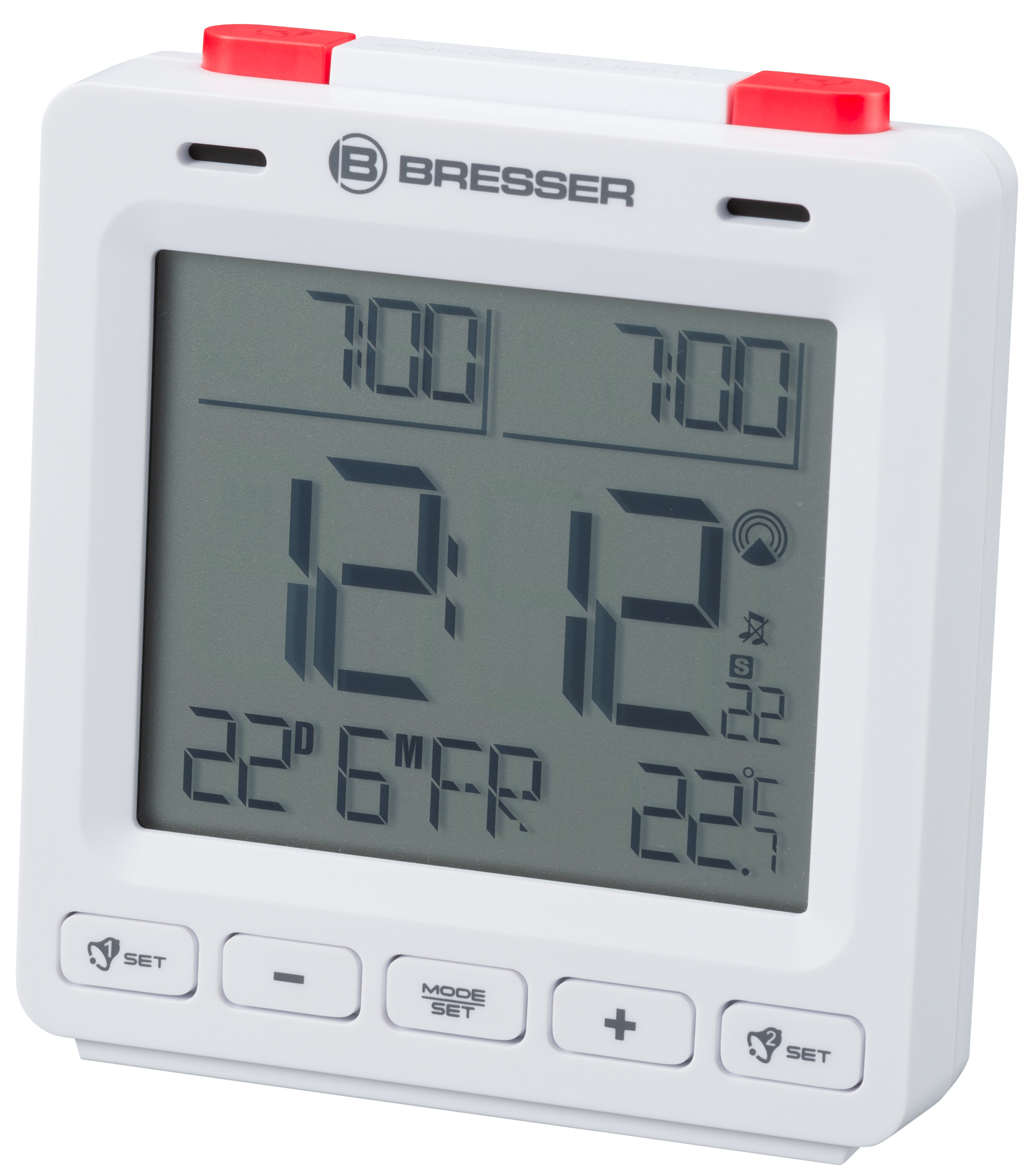 Un reloj digital blanco con botones rojos muestra la hora, la fecha y la temperatura.
