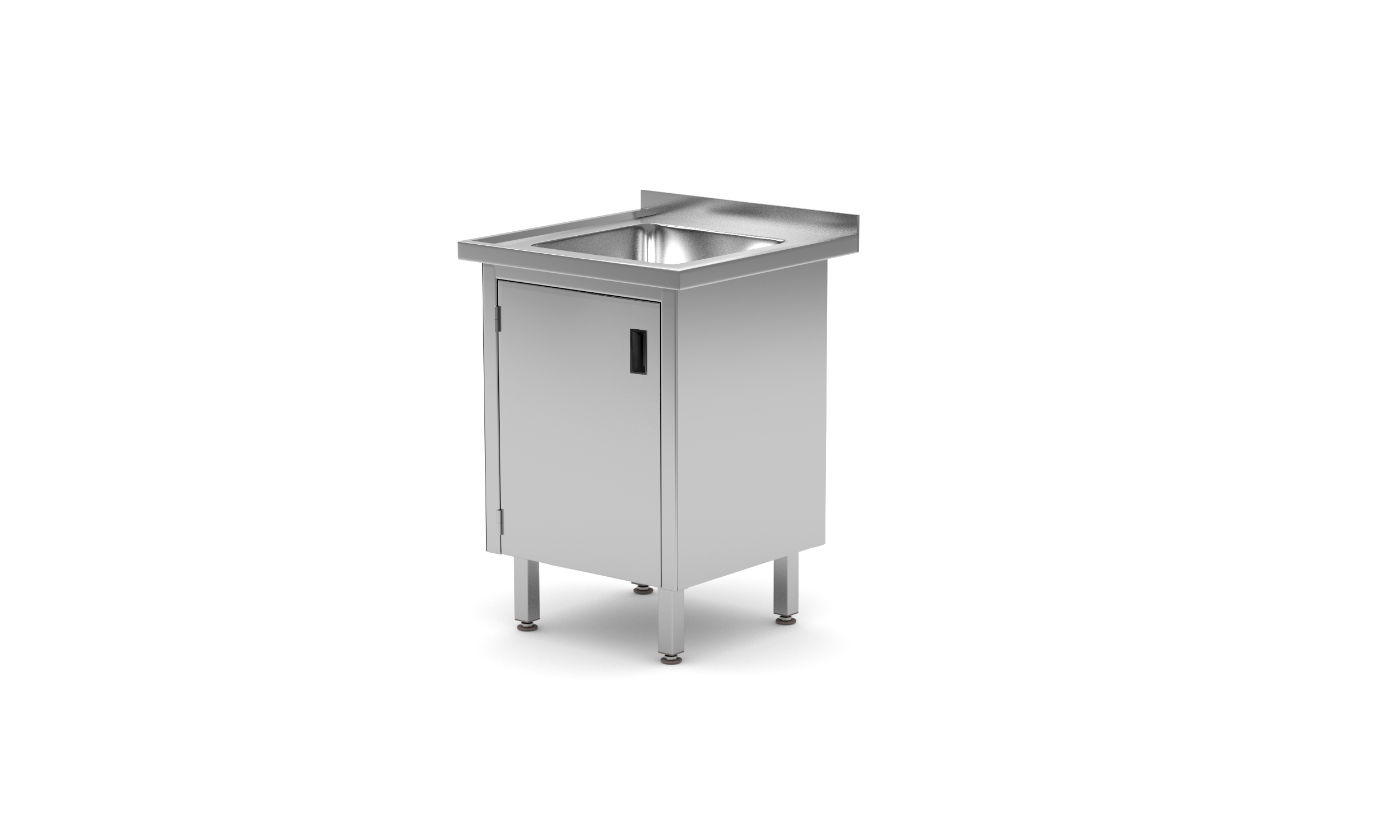 Mobile lavello in acciaio inox argentato con una sola anta. Sfondo bianco.