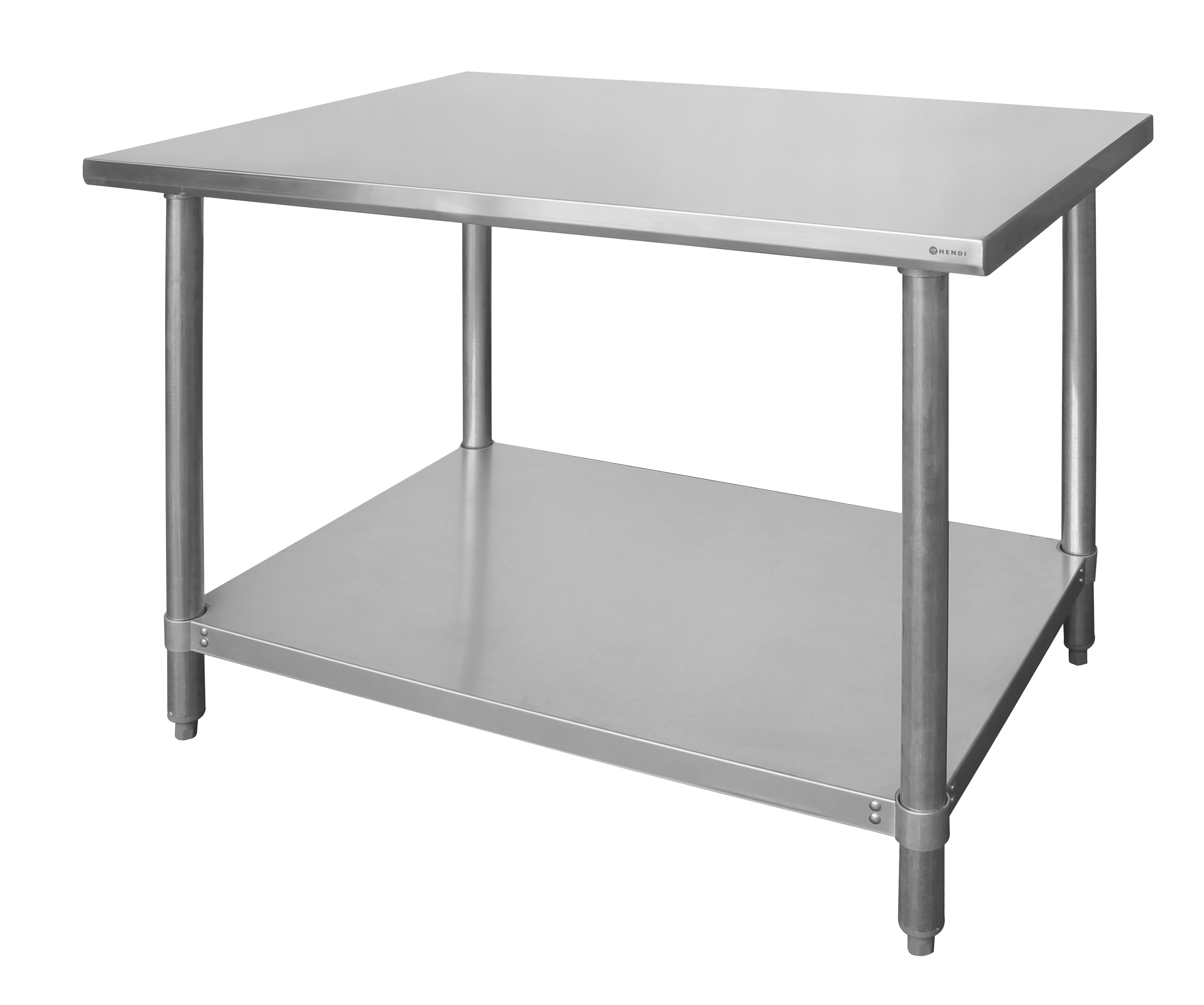 Tavolo da lavoro in acciaio inossidabile con ripiano inferiore. Quattro gambe sostengono il piano.