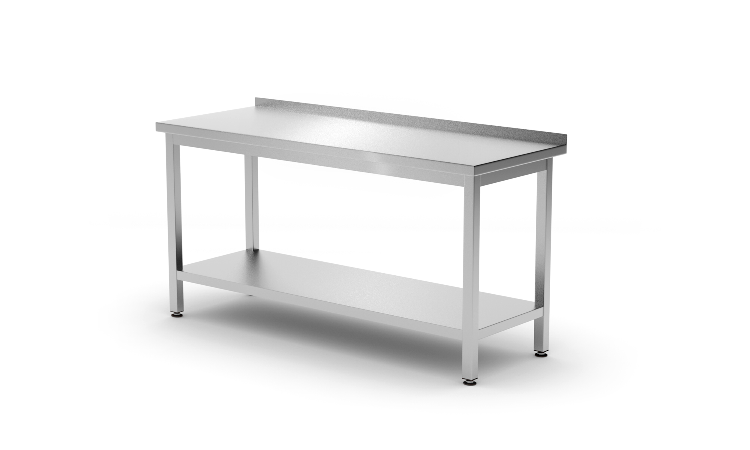 Tavolo in acciaio inox, rettangolare con ripiano inferiore, sfondo bianco.